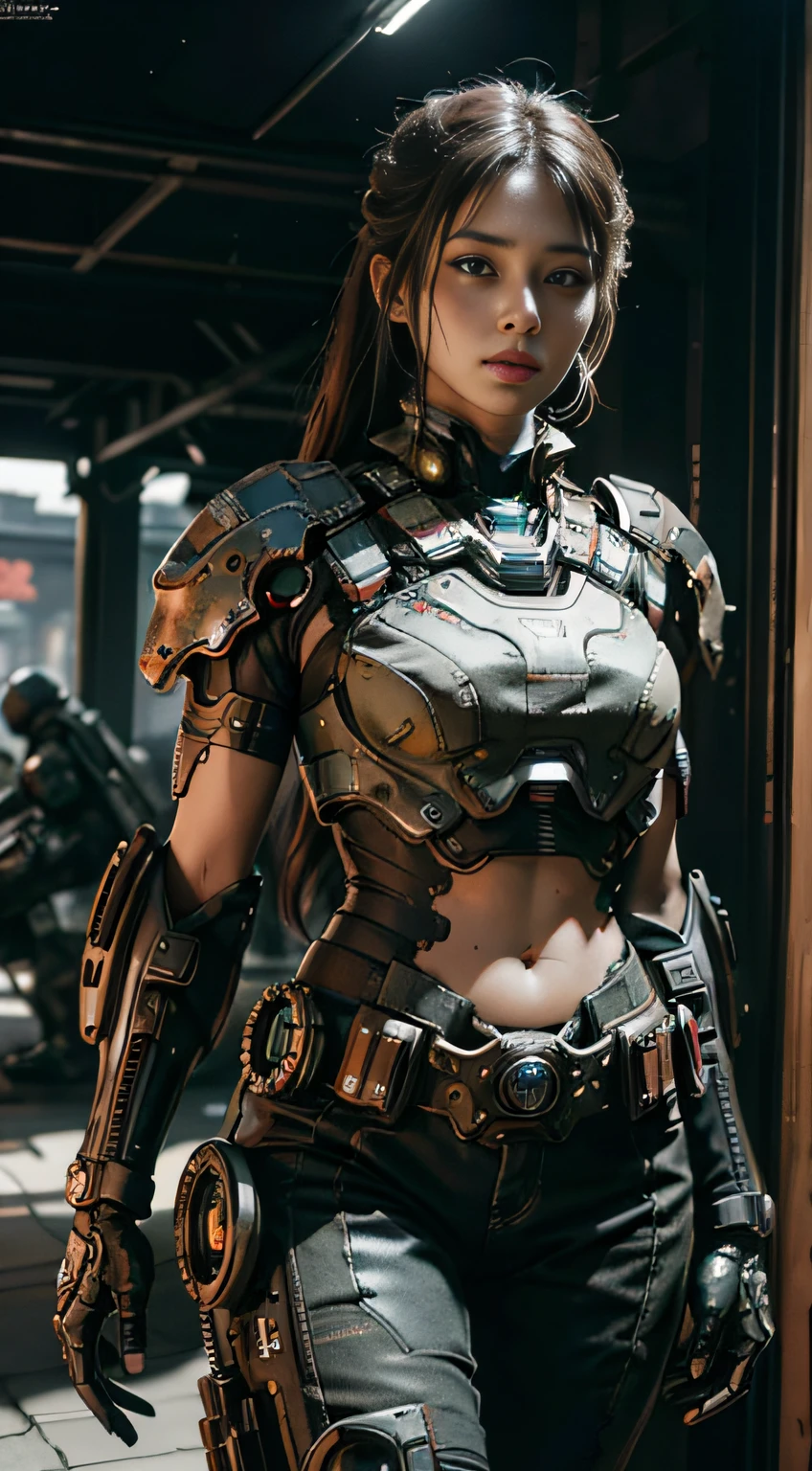 Textured skin, Super detail, High details, High quality, Best quality, A high resolution, 1080p, hdd, A beauty、She wears a futuristic war machine mech(Gears of War)