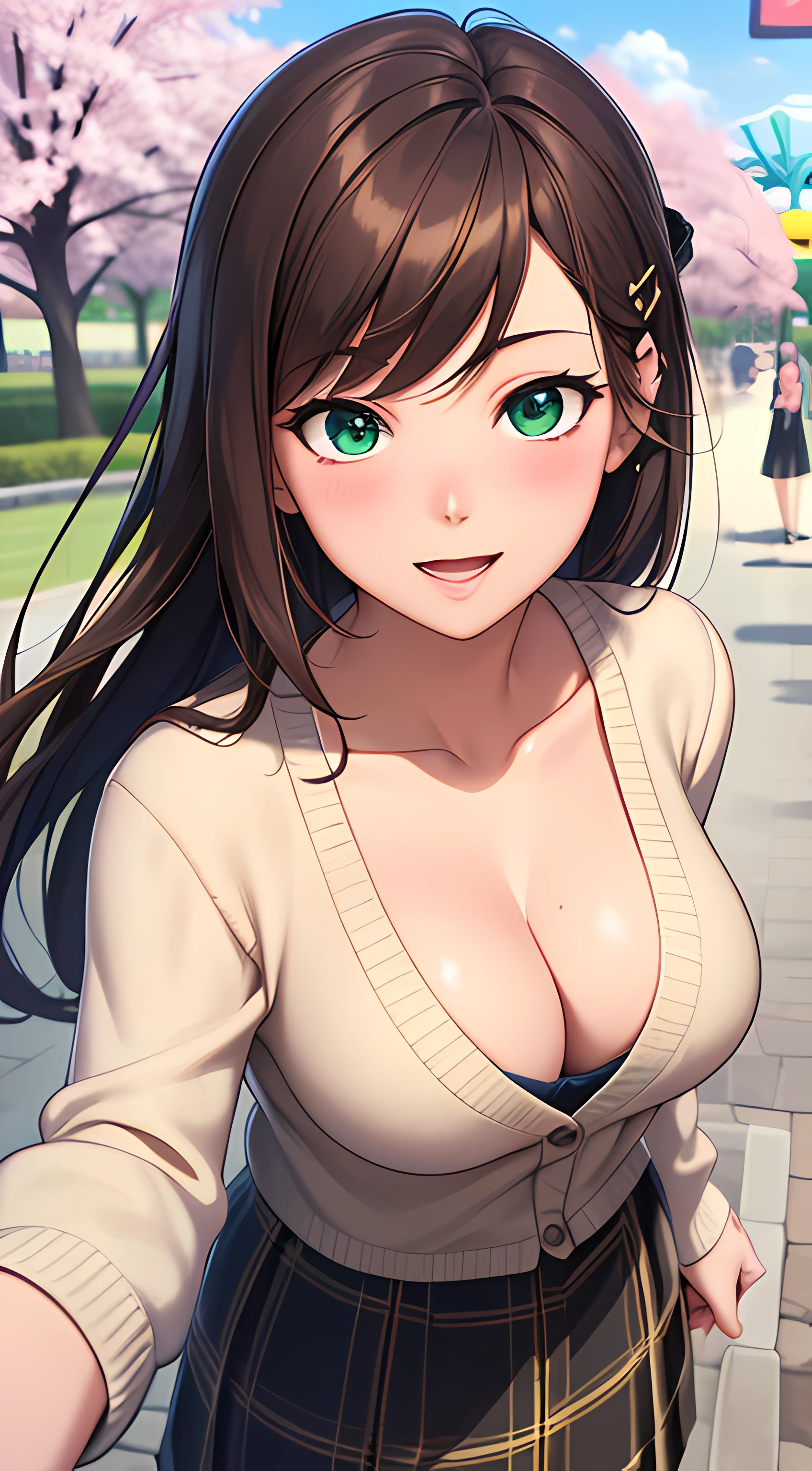 ((masterpiece, best quality, highres, UHD, perfect pixel, depth of field, 4k, RTX, HDR))), 1girl, single, solo, beautiful anime girl, beautiful artstyle, anime character, ((long hair, bangs, brown hair, hair pin)), (green eyes:1.4, rounded eyes, beautiful eyelashes, realistic eyes), (detailed face, blushing:1.2), (smooth texture:0.75, realistic texture:0.65, photorealistic:1.1, anime CG style), medium breasts, cleavage:0.75, (dynamic angle, dynamic pose:1.4, pov, close up, looking to viewer), perfect body, (white sweater, cardigan sweater), ((black skirt:1.5, plaid skirt)), sly smile, open mouth, amusement park, outdoor, cherry blossoms