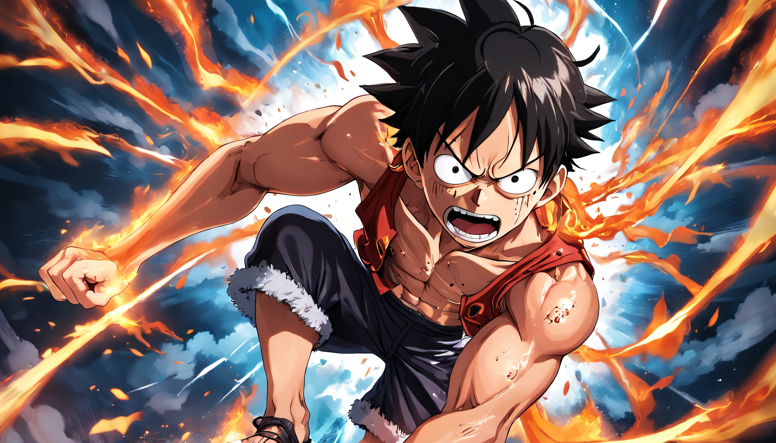 Design a gripping poster featuring Luffy from "One Piece" in a fit of rage. Capture the essence of his burning determination and unyielding spirit as he unleashes his wrath upon his enemies. Keep it short, bold, and intense to convey the raw power of Luffy's anger., Hypnotic, Androgynous, Gadgetpunk, face shot, Cinema4D rendering, Depth of field, Tapestry, black colors, Classical Realism, glow in the dark lighting, Hyper realistic, dramatic shadows, film noir style, 4k