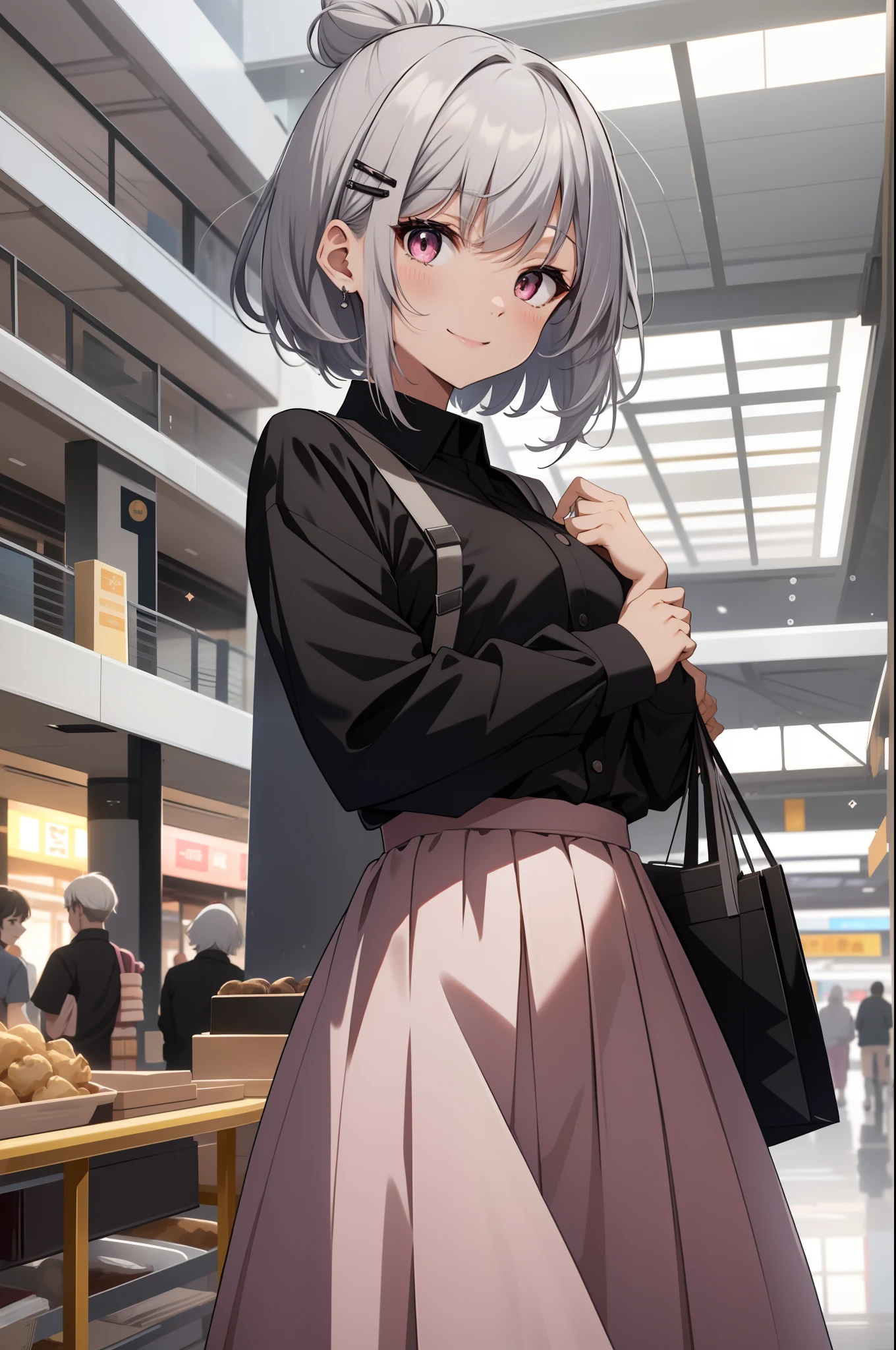 1girl in, Solo, Short hairstyle with silver hair and bob, Hair tied in a bun with a hair clip, Pink eyes、small tits, high waist skirt, Long skirt, White skirt, Black shirt, long leeves, Smile, inside in room, shopping mall