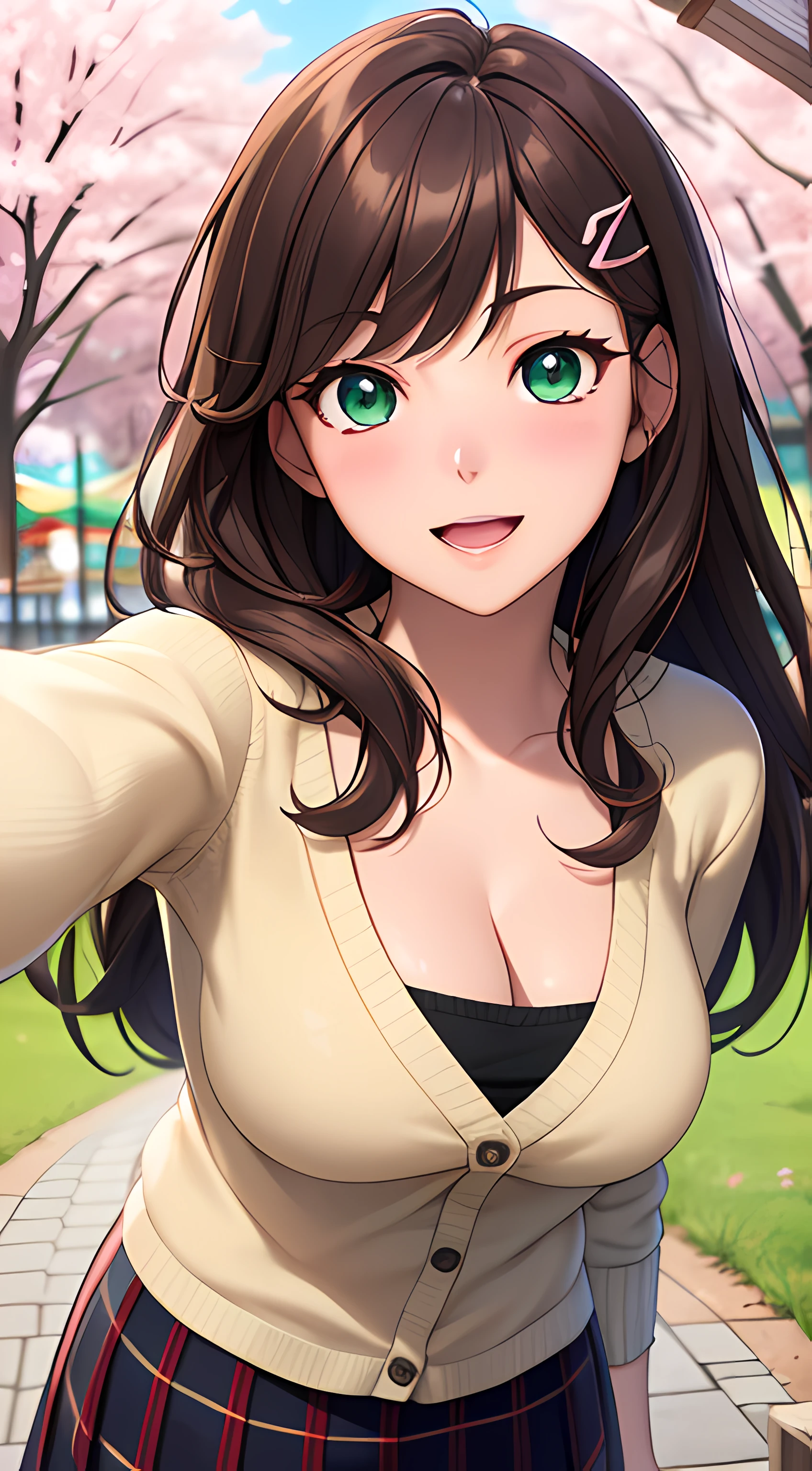((masterpiece, best quality, highres, UHD, perfect pixel, depth of field, 4k, RTX, HDR))), 1girl, single, solo, beautiful anime girl, beautiful artstyle, anime character, ((long hair, bangs, brown hair, hair pin)), (green eyes:1.4, rounded eyes, beautiful eyelashes, realistic eyes), (detailed face, blushing:1.2), (smooth texture:0.75, realistic texture:0.65, photorealistic:1.1, anime CG style), medium breasts, cleavage:0.4, (selfie, pov, close up, looking to viewer), perfect body, (white sweater, cardigan sweater, gold necklace), ((black skirt:1.5, plaid skirt)), sly smile, open mouth, amusement park, outdoor, cherry blossoms