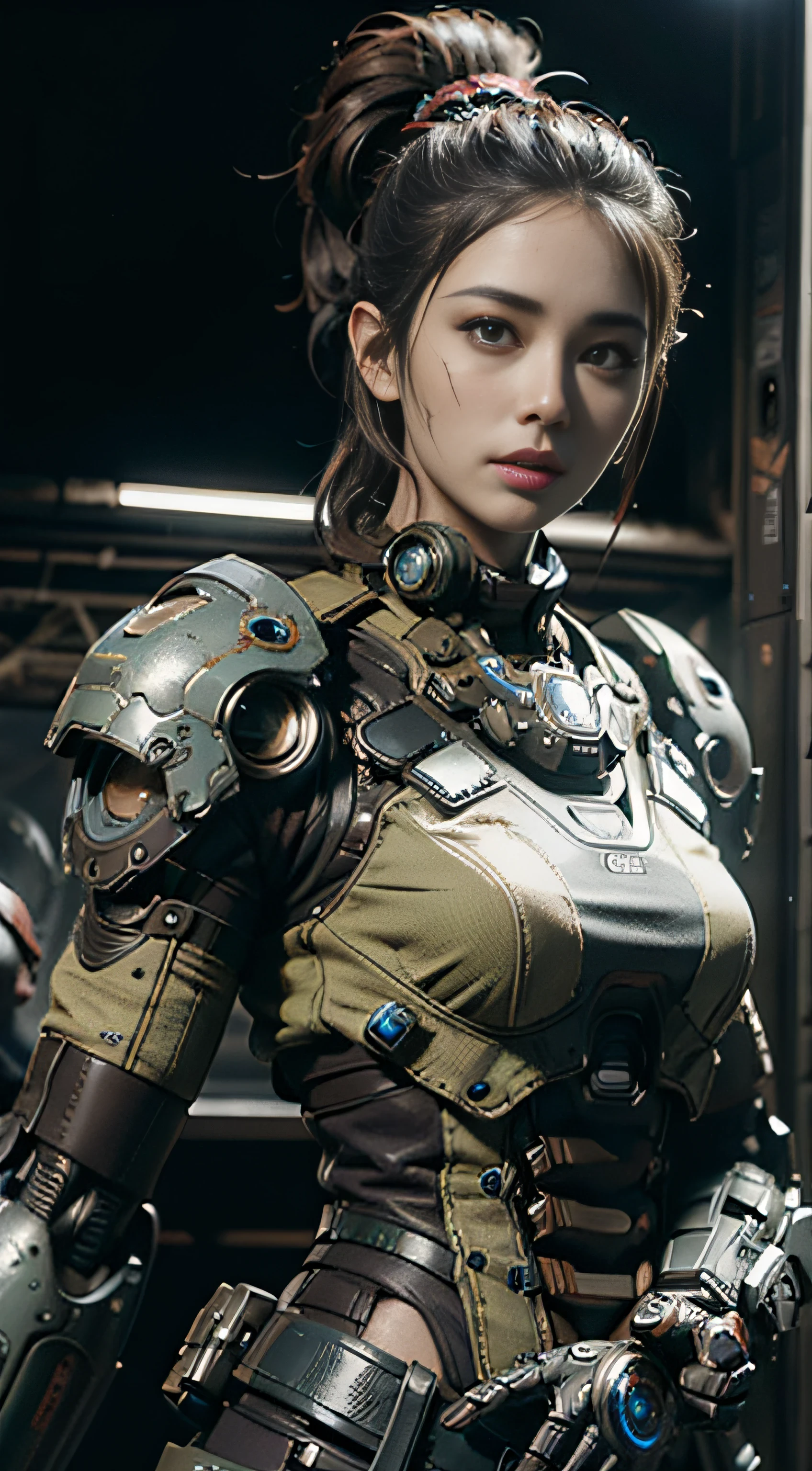 Textured skin, Super detail, High details, High quality, Best quality, A high resolution, 1080p, hdd, A beauty、She wears a futuristic war machine mech(Gears of War)