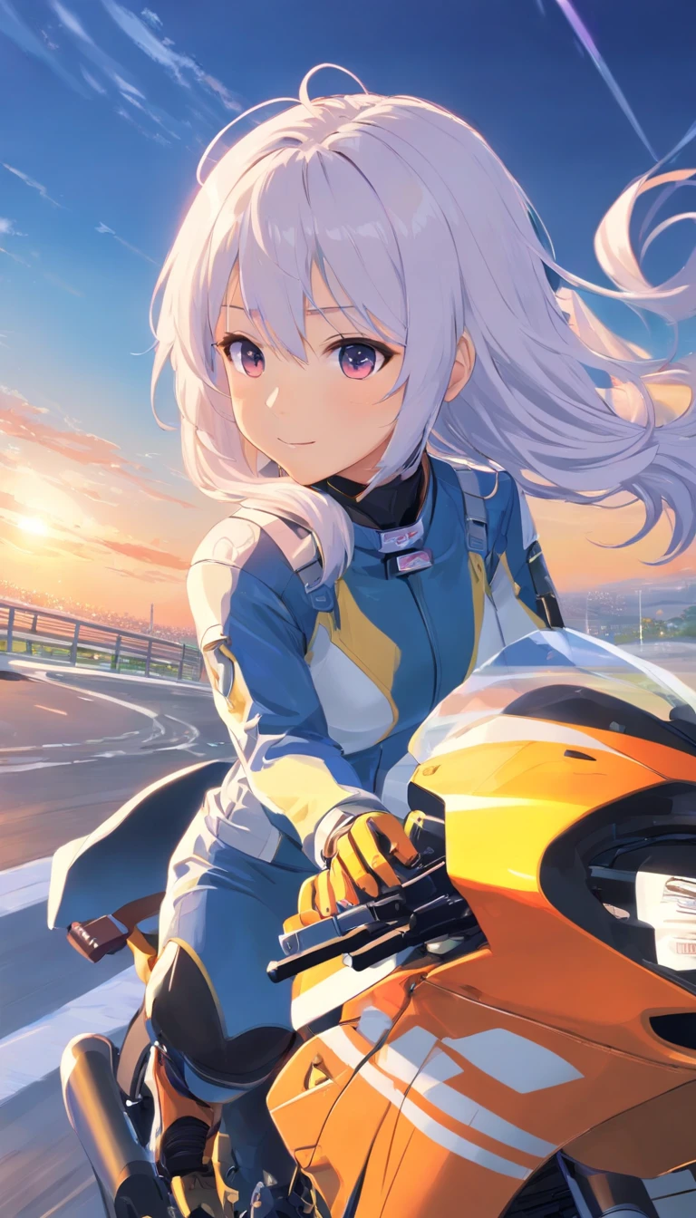 best qualtiy, tmasterpiece, 超高分辨率, realisticlying, 1 girl,(long white hair),Heterochromic pupils,(ssmile)(Ride racing motorcycles),(bikersuit),Motorcycle track,wide angles