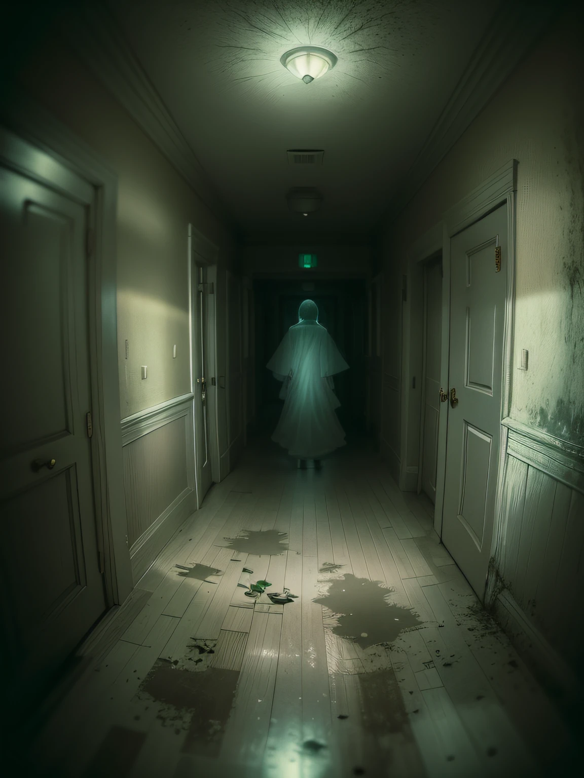 «» Chilling photorealistic image of a ghost apparition captured by a low-resolution hospital security camera in a dimly lit hallway. The scene is set in an old and creepy hospital, Lights flickering、Paint is peeling on the wall. The apparition appears as a translucent figure with a faint glow, Floating eerily on the floor. That anxious existence is、Leaves a sense of anxiety and mystery. Lighting should be low, The grainy quality of the camera adds to the suspenseful atmosphere. Shots should be close-ups, Capture unforgettable details of apparitions and spooky environments. Camera lens: Fisheye for a distorted and anxious perspective. resolution: Low resolution to enhance the sense of the unknown.»»