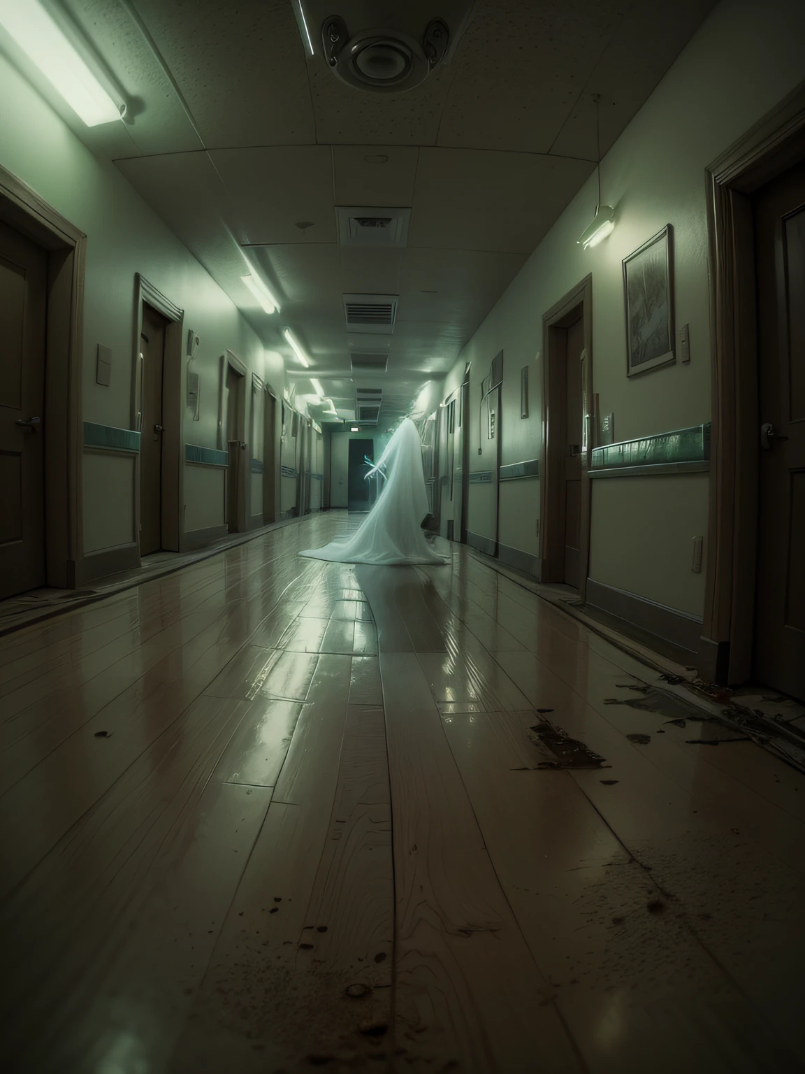 «» Chilling photorealistic image of a ghost apparition captured by a low-resolution hospital security camera in a dimly lit hallway. The scene is set in an old and creepy hospital, Lights flickering、Paint is peeling on the wall. The apparition appears as a translucent figure with a faint glow, Floating eerily on the floor. That anxious existence is、Leaves a sense of anxiety and mystery. Lighting should be low, The grainy quality of the camera adds to the suspenseful atmosphere. Shots should be close-ups, Capture unforgettable details of apparitions and spooky environments. Camera lens: Fisheye for a distorted and anxious perspective. resolution: Low resolution to enhance the sense of the unknown.»»