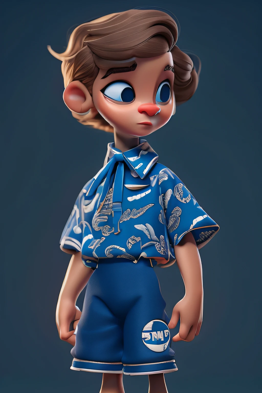 menino de 10 anos com cabelo cobre, messy short hair, black pants dress, tenis preto, camisa de manga longa branca, Blue bow tie and blue suspenders, com rosto angelical, olhos castanhos, cor da pele branco levemente bronzeado
