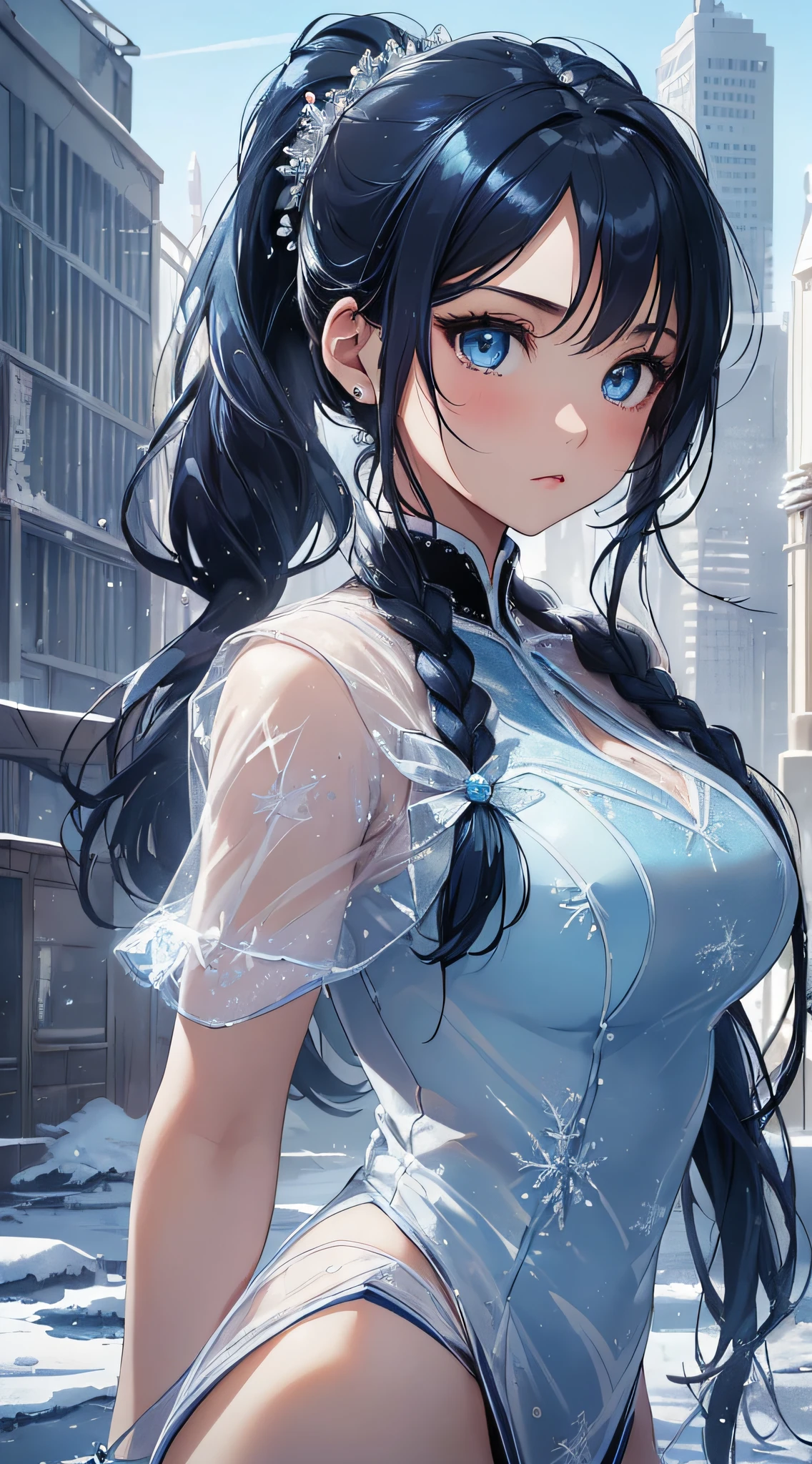 top-quality、Top image quality、​masterpiece、girl with((cute little、18year old、Best Bust、Medium bust、Bust 85,Beautiful blue eyes、Breasts wide open,Ponytail with black hair、A slender、Blue hair mesh、Beautiful white sailor suit、falda corta,)）hiquality、Beautiful Art、Background with((White blue sky、Frozen town、Frozen buildings、Refrigeration tower)),masutepiece、Elaborate design、visualart、depth of fields、The best lighting、highestdetailed、8ｋ