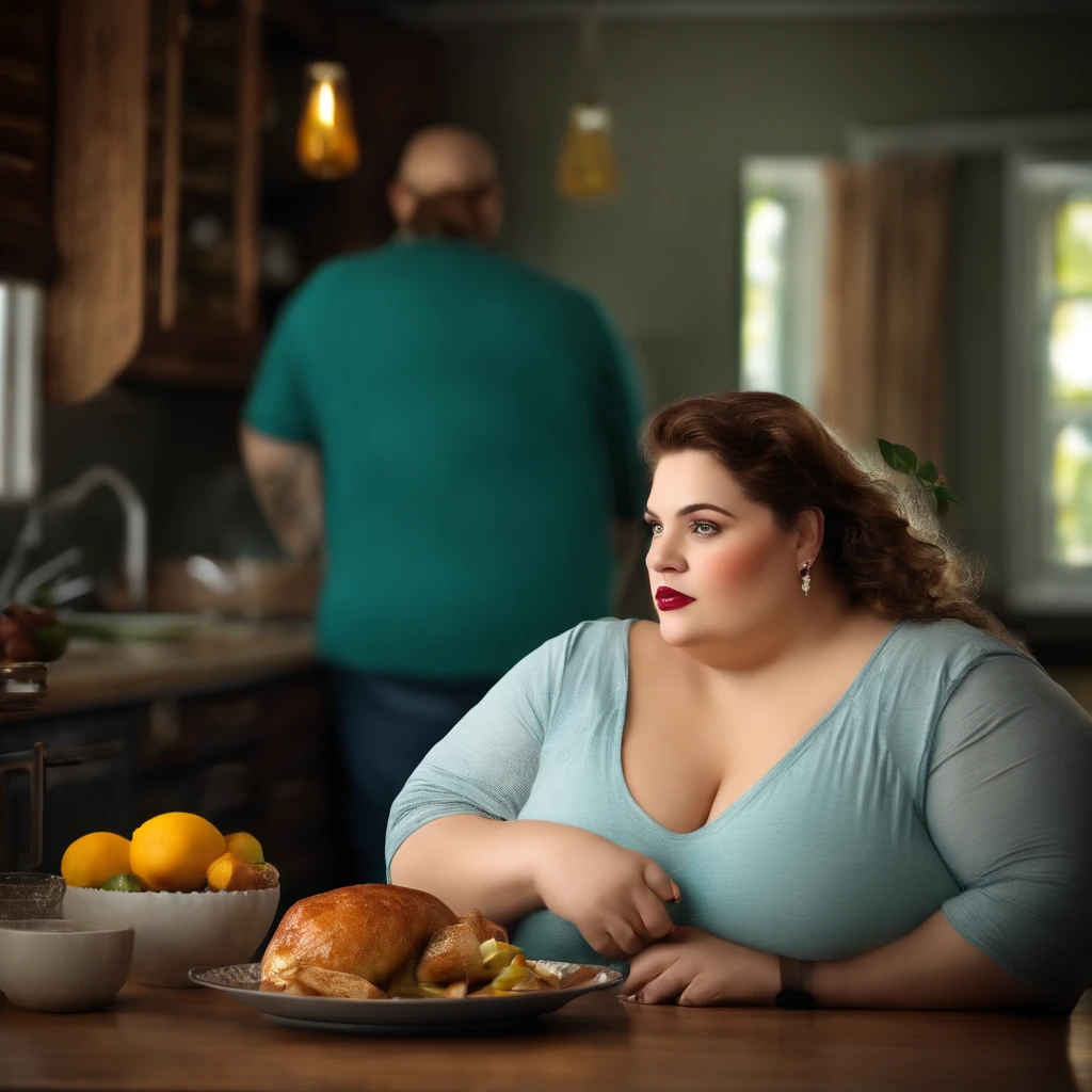 Retrato realista, High Resolution Very Fat Woman, obesa, cozinha,comendo