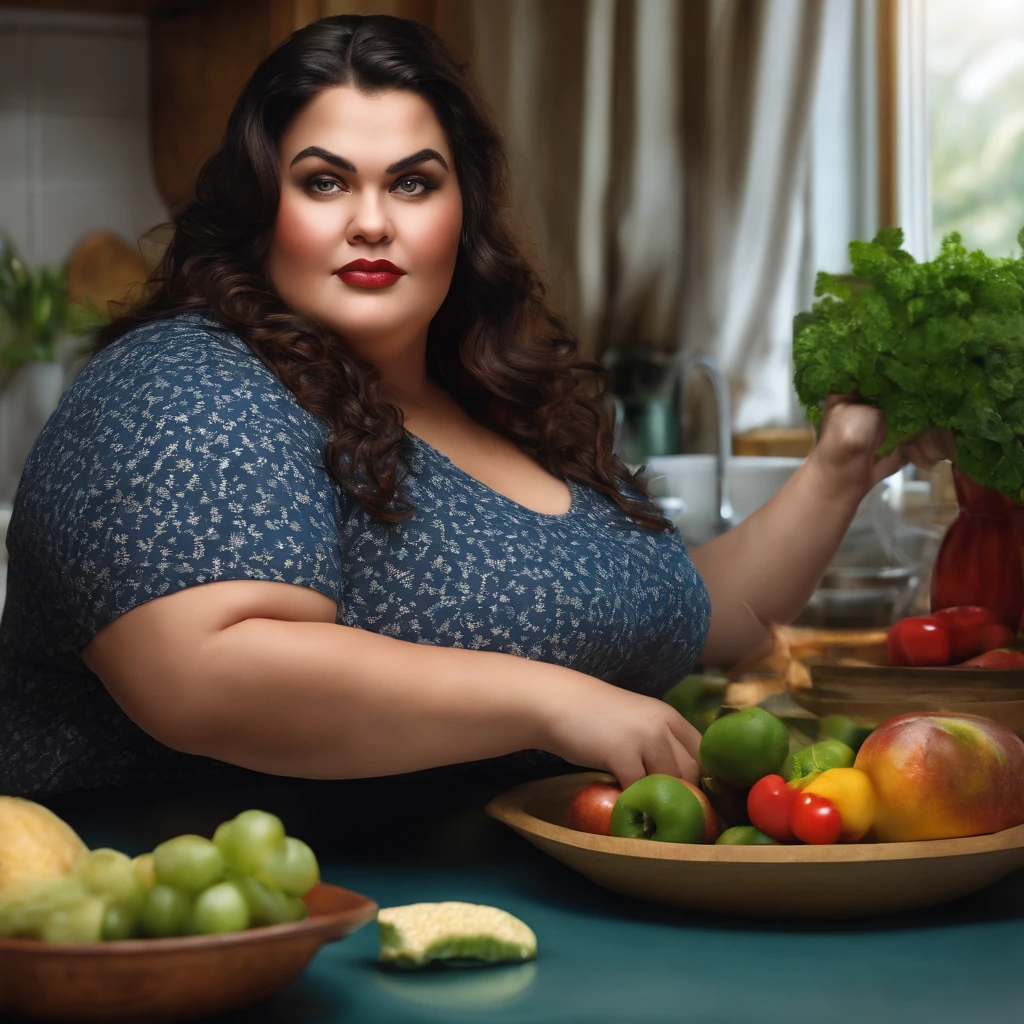 Retrato realista, High Resolution Very Fat Woman, obesa, cozinha,comendo