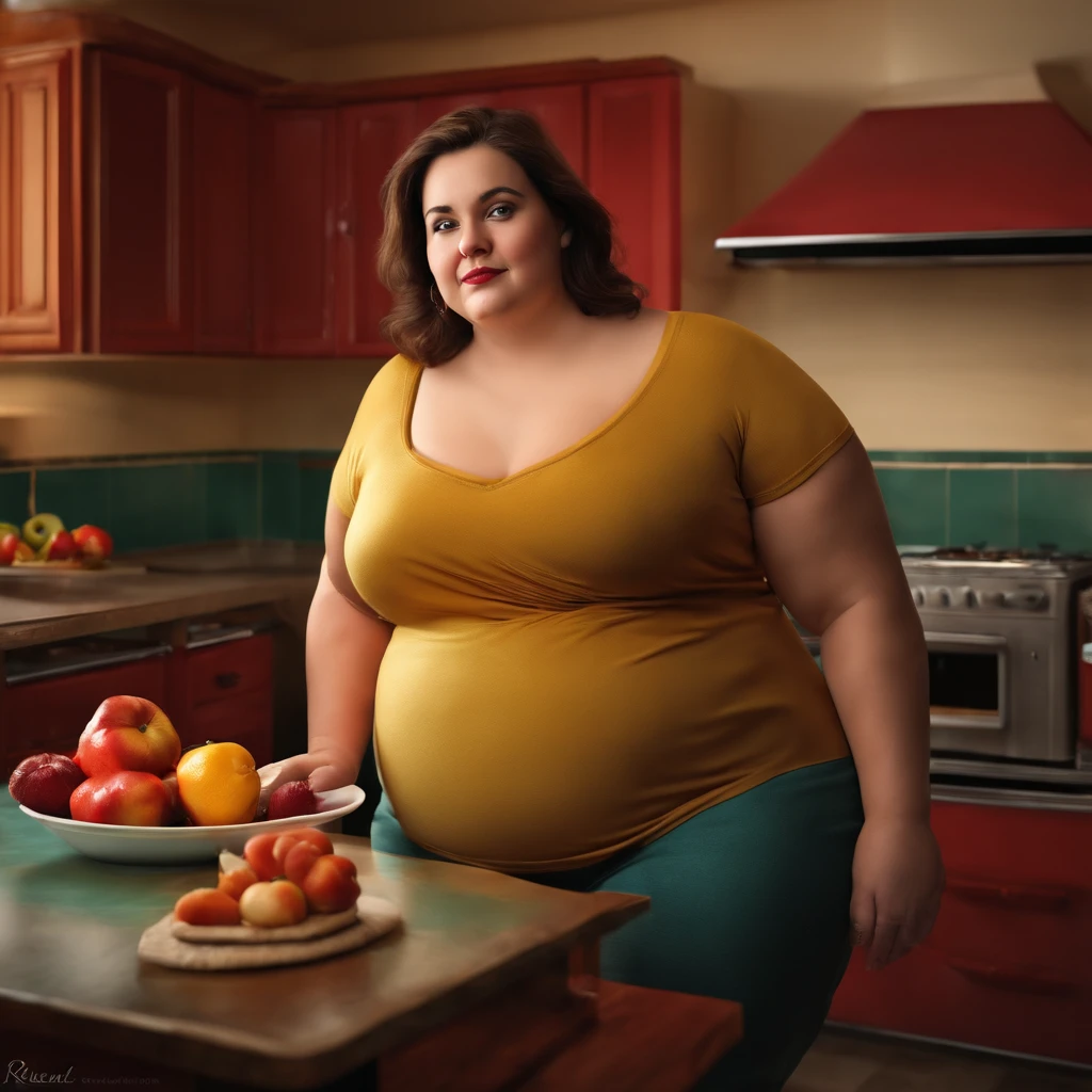 Retrato realista, High Resolution Very Fat Woman, obesa, cozinha,comendo