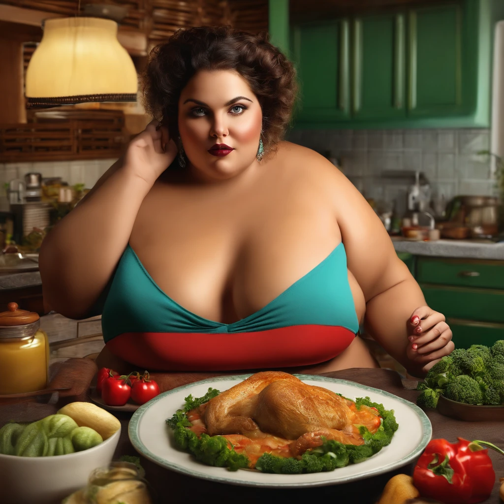 Retrato realista, High Resolution Very Fat Woman, obesa, cozinha,comendo