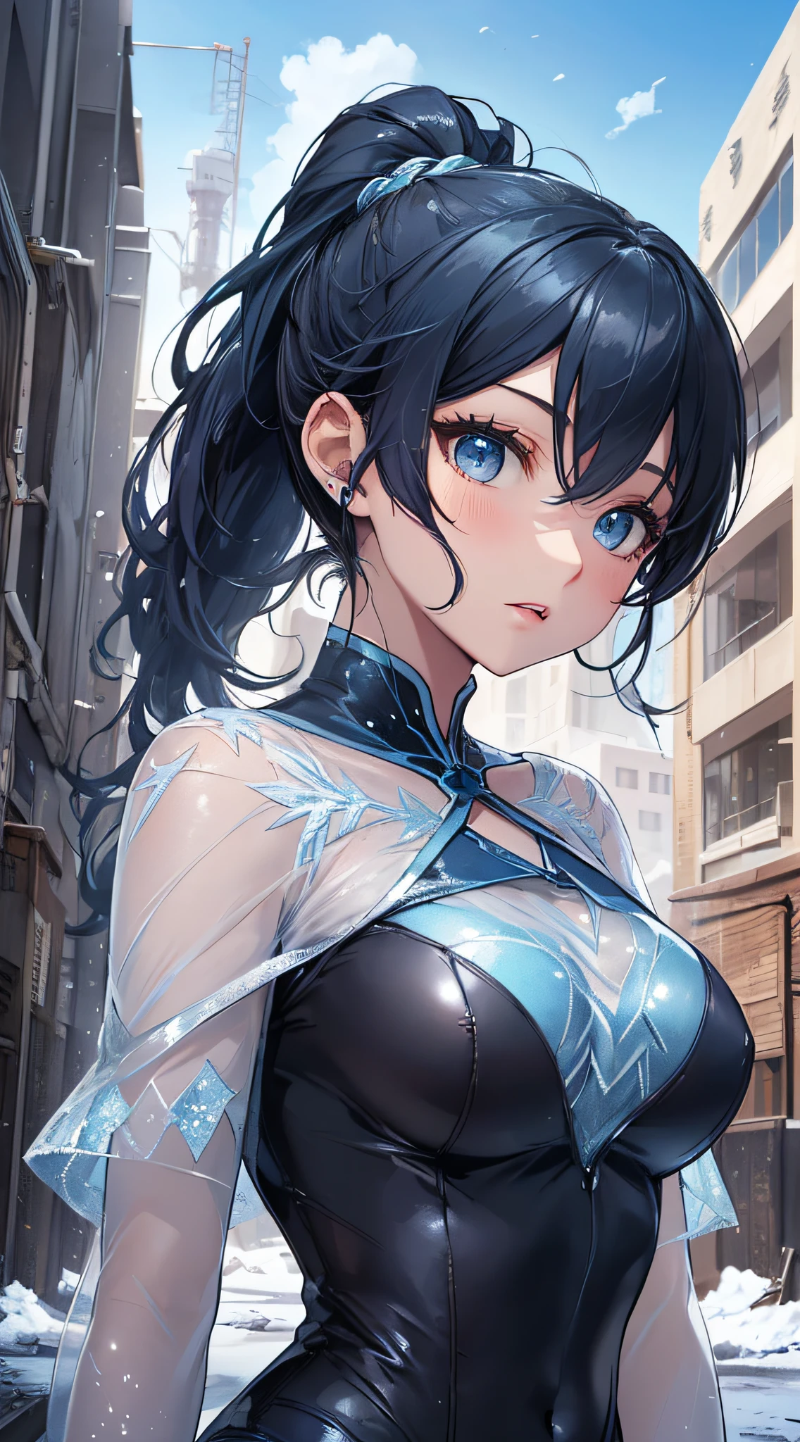 top-quality、Top image quality、masterpiece、girl with((cute little、18year old、Best Bust、Medium bust、Bust 85,Beautiful blue eyes、Breasts wide open,Ponytail with black hair、A slender、Blue hair mesh、Beautiful white sailor suit、falda corta,))hiquality、Beautiful Art、Background with((White blue sky、Frozen town、Frozen buildings、Refrigeration tower)),masutepiece、Elaborate design、visualart、depth of fields、The best lighting、highestdetailed、8k