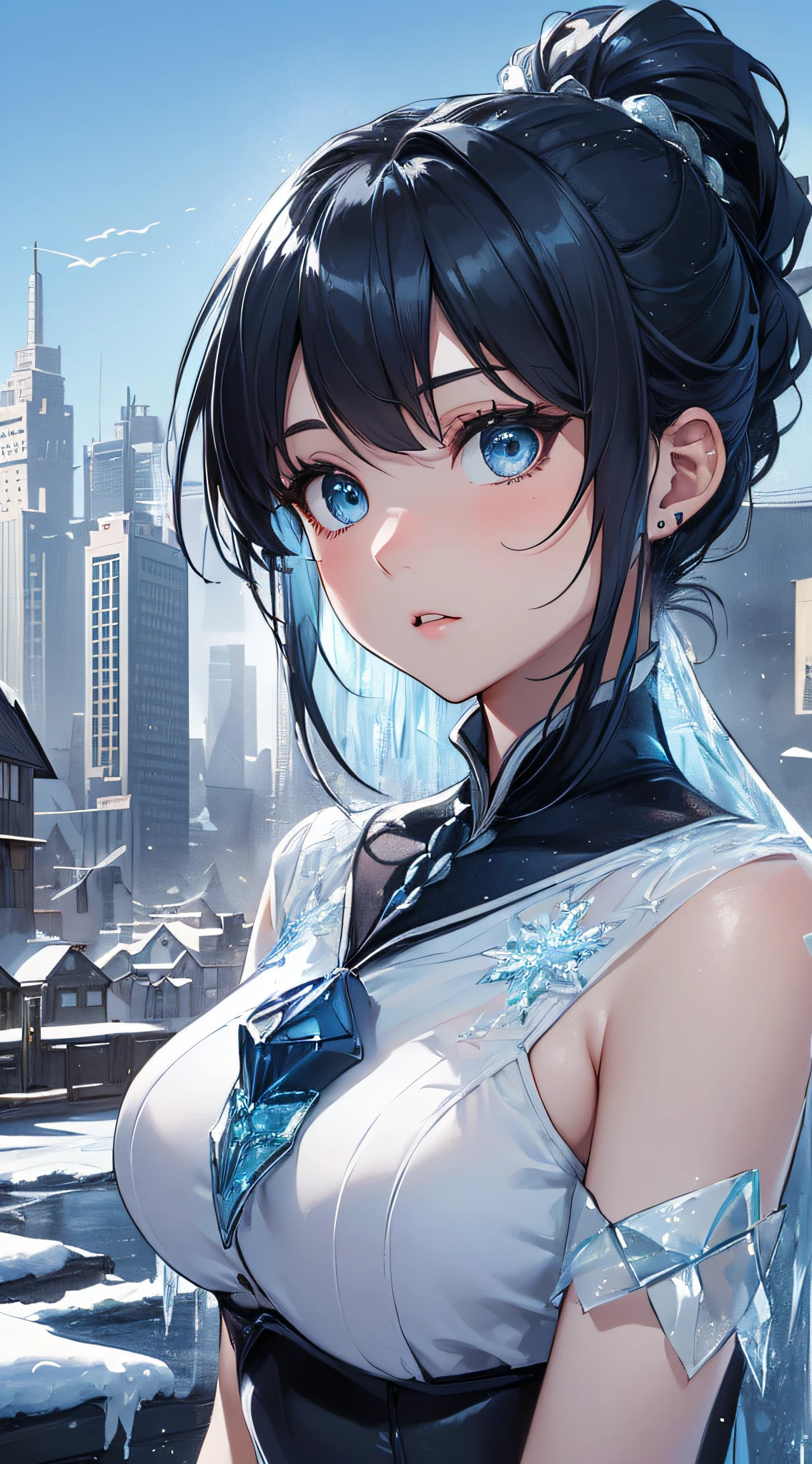 top-quality、Top image quality、masterpiece、girl with((cute little、18year old、Best Bust、Medium bust、Bust 85,Beautiful blue eyes、Breasts wide open,Ponytail with black hair、A slender、Blue hair mesh、Beautiful white sailor suit、falda corta,))hiquality、Beautiful Art、Background with((White blue sky、Frozen town、Frozen buildings、Refrigeration tower)),masutepiece、Elaborate design、visualart、depth of fields、The best lighting、highestdetailed、8k