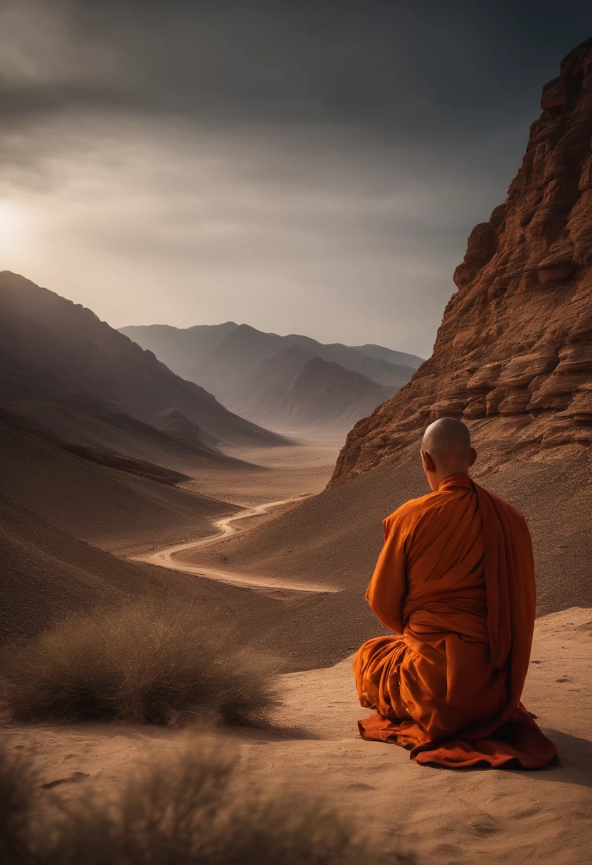 A Buddhist monk praying in desert, mountains