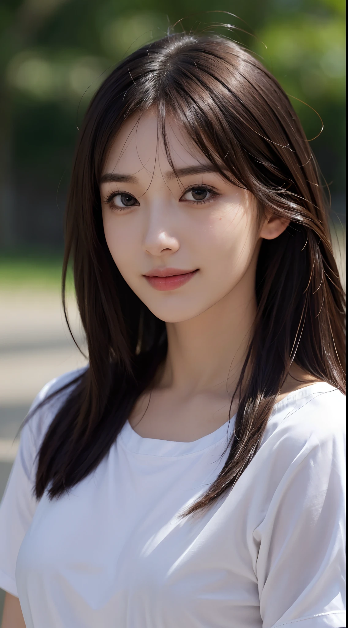 masutepiece, The highest image quality, High quality, Beautiful woman, Japanese, Detailed, Detailed eyes, Detailed skin, Beautiful skin, Ultra High Resolution, (reality: 1.4),Very beautiful, Slightly younger face, Beautiful skin, slender, (A hyper-realistic), (hight resolution), (8K), (Very detailed) (beautifully detailed eyes), (super detailed), T-shirt, Pants, (Wallpaper), (Detailed face), Looking at Viewer, Fine details, Detailed face, Smiling, Looking straight ahead, Looking straight ahead, angle from waist up, photos realistic, Bright lighting, Professional Lighting, Mature Woman, Brown hair, Shoulder-length straight hair swaying in the wind, long stylish bangs,