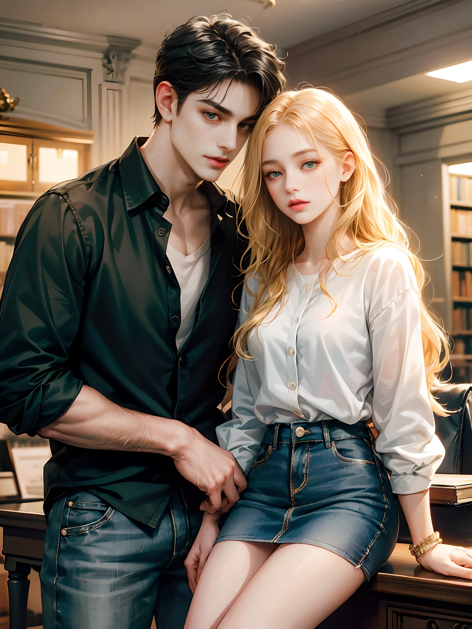 The boy has a handsome face, symmetrical face, symmetrical eyes. Short black hair, green eyes. He looks at the girl