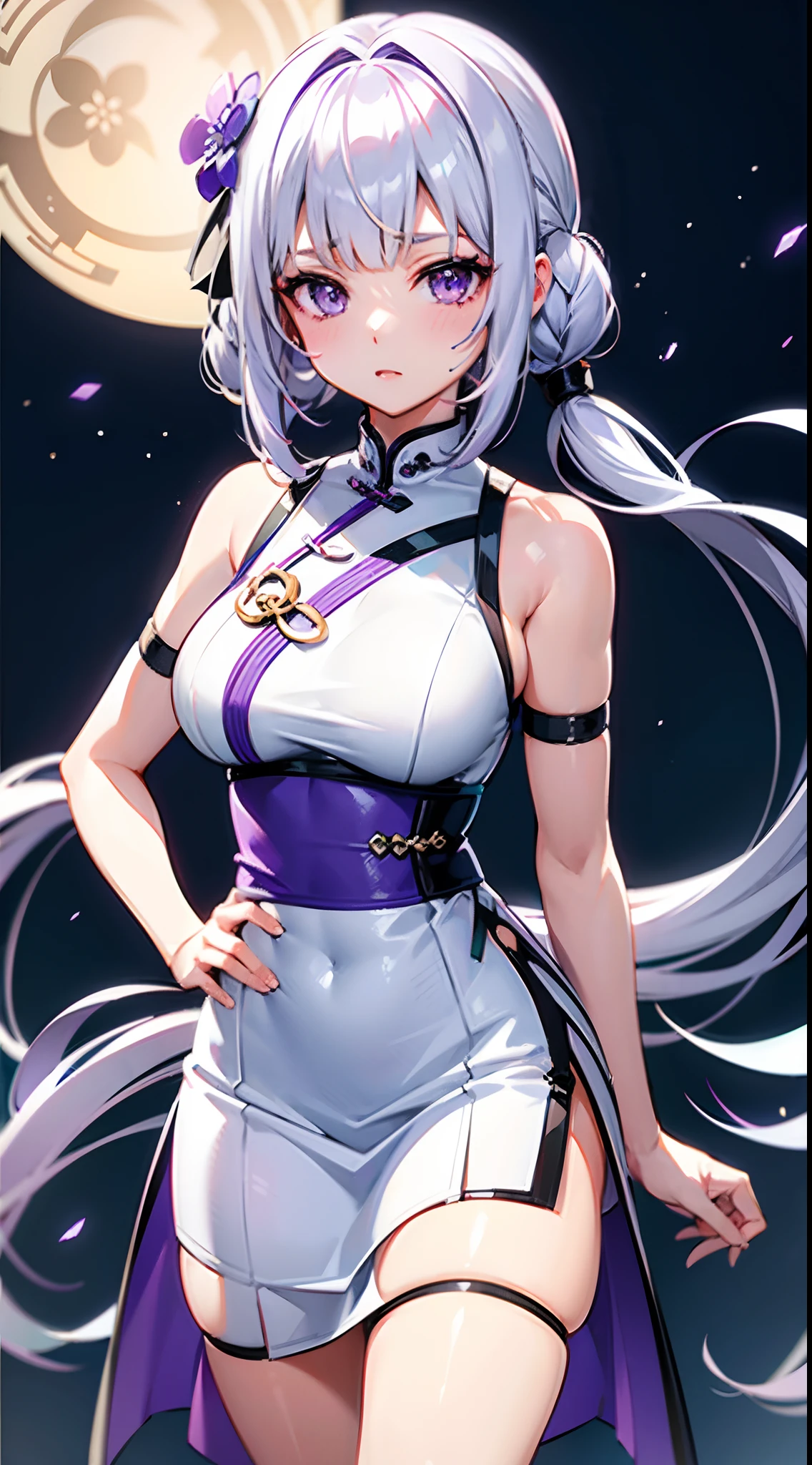 score_9,score_8_up,score_7_up, yinji,1girl,solo,purple_hair,purple_eyes,very_long_hair,grey_hair,braided_ponytail,large_breasts,gradient_hair,bags under eyes,smile,living room