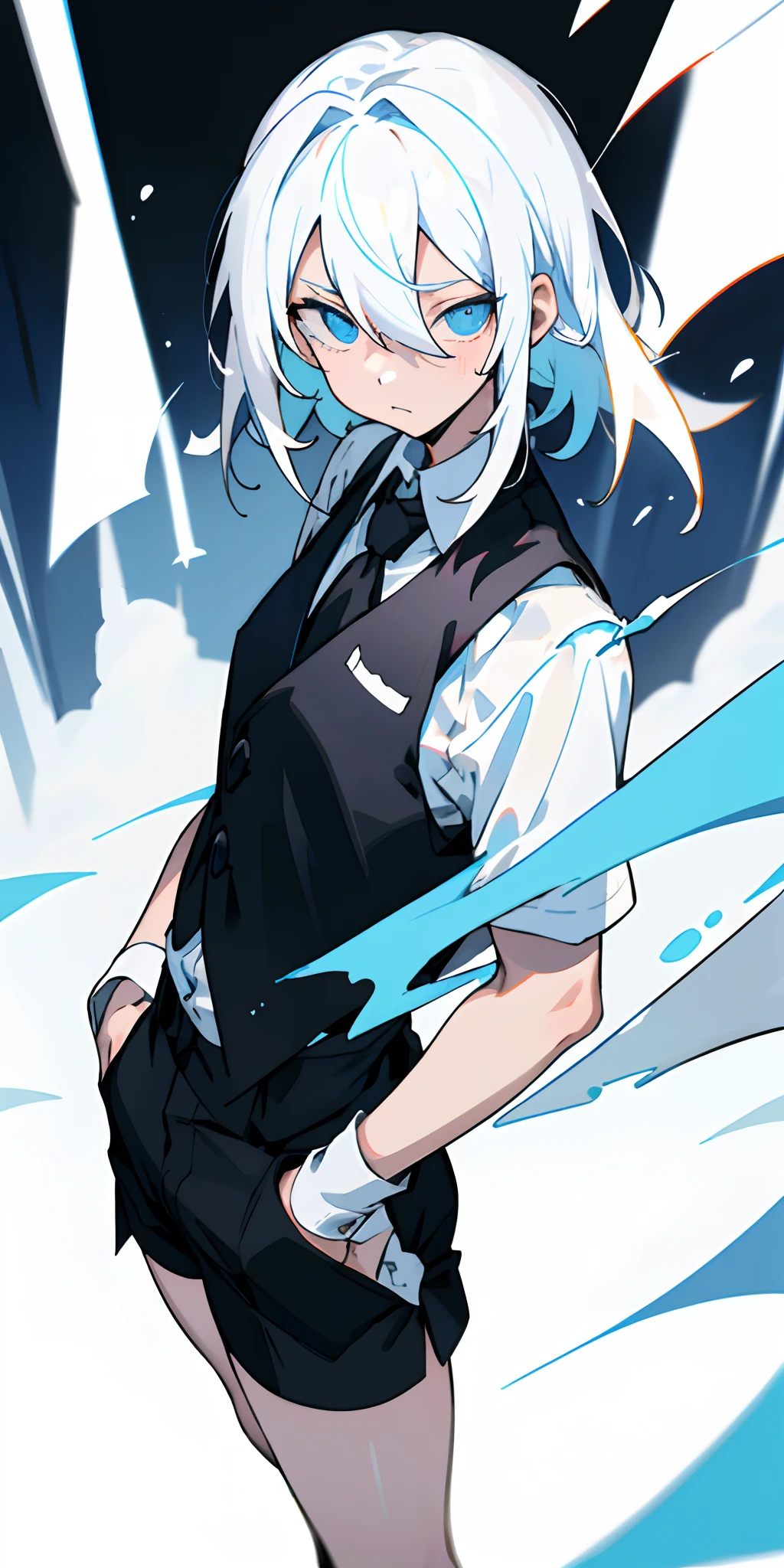 White hair,sky-blue eyes,Tsurime,Medium Hair,hair between eye,White collared shirt,Black Color Vest,Black shorts, Flat color,sharp outline,Warm lighting,blurred foreground