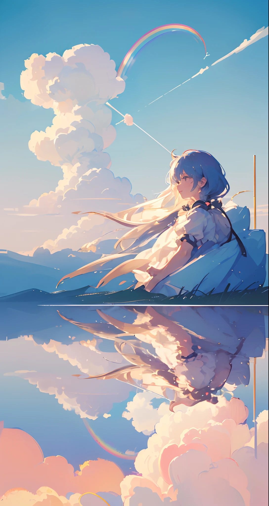 masterpiece、top-quality、Movie stills、One girl、floating in sky、Cloud Girl、(a closeup:1.1)、with light glowing、Happiness、A delightful、Soft lighting、(Bauhaus、form、Line、abstracted:1.1)、Skysky、morning、rainbows