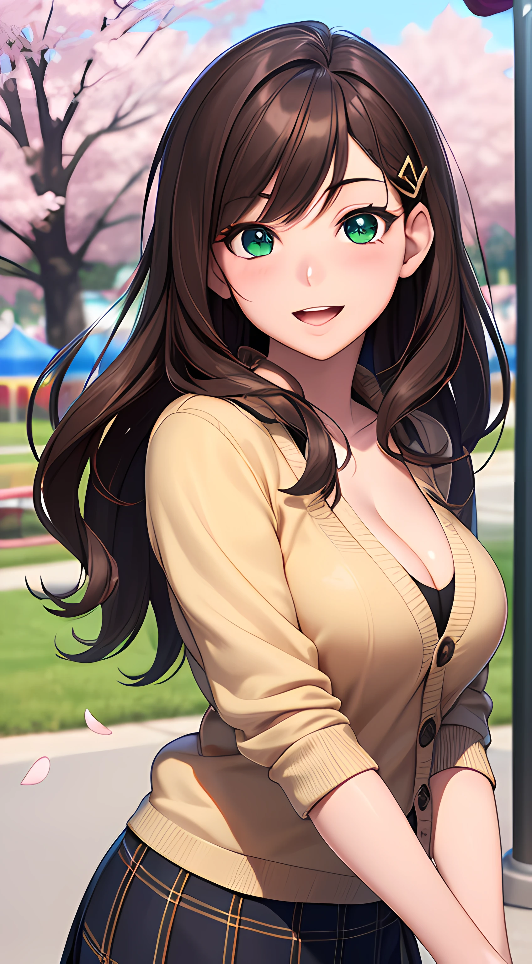 ((masutepiece, Best Quality, hight resolution, nffsw, Perfect Pixel, depth of fields, 4K, nffsw, nffsw))), 1girl in, Single, Solo, Beautiful anime girl, Beautiful Art Style, Anime Character, ((Long hair, Bangs, Brown hair)), ((Green eyes:1.4, rounded eyes, Beautiful eyelashes, Realistic eyes)), ((Detailed face, Blushing:1.2)), ((Smooth texture:0.75, Realistic texture:0.65, Photorealistic:1.1, Anime CG style)), ((medium breasts, cleavage, busty)), Dynamic Angle, Perfect body, ((POV, Selfie Pose, Portrait)), ((White sweater, Long sleeve, Black skirt, plaid skirts, Fashionable, 1 handbag, 1 diamond necklace)), Smile, amusement park, ((The cherry tree, Cherry blossoms fall))