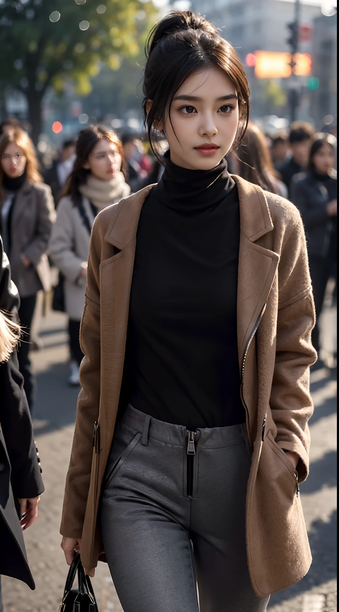 (shoulder length straight short black hair: 1.3), （Extremely meticulous CG 8k wallpaper），（Extremely refined and beautiful），（Masterpiece），（best qualtiy：1.0），（Ultra High Resolution：1.0），beautiful light up，Perfect lightning，realistic shaded，[A high resolution],(Smooth and flawless fair skin:1.5),(shiny skin:1.5),Extremely exquisite facial details，（perfect body：1.1），ultra - detailed，A beautiful girl,small head,(short ponytail:1.2),(Small breasts:1.1),Flat chests，slim，thin，Smile，cheerfulness,(Brown woolen coat:1.5),(dark gray turtleneck T-shirt with zipper:1.4),(black pants:1.3),(Black military bootsSlender:1.2),slender legs,(nightfall:1.5),Sunset light,(Surrounded by a crowded crowd:1.5),At the school gate,standing,upper body,close shot