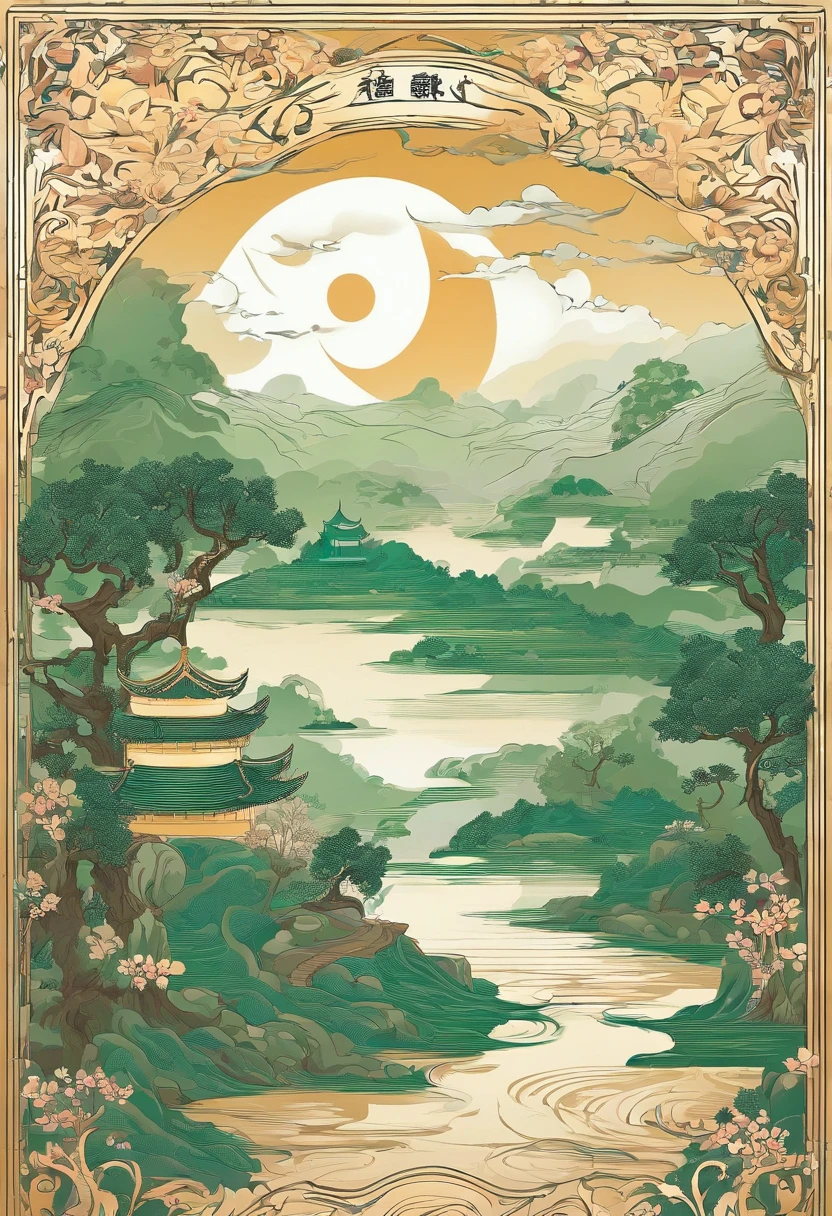 Chinese landscape，Ancient rhyme Jiangnan，Yamakawa，pines，Leave white space，، simple，themoon，Artistic sense，white and green