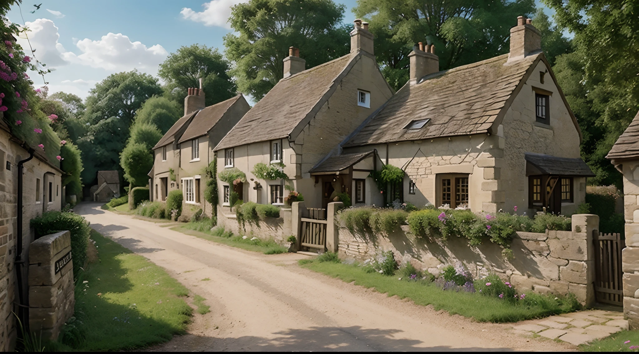 there is a painting of a country road with a stone wall, english village, quaint village, cottage town, cottages, medieval village, cottagecore, beautiful digital artwork, old village, 4k highly detailed digital art, countryside city scene, british street background, a small medieval village, english countryside, beautiful english countryside, fantasy town setting, magical village