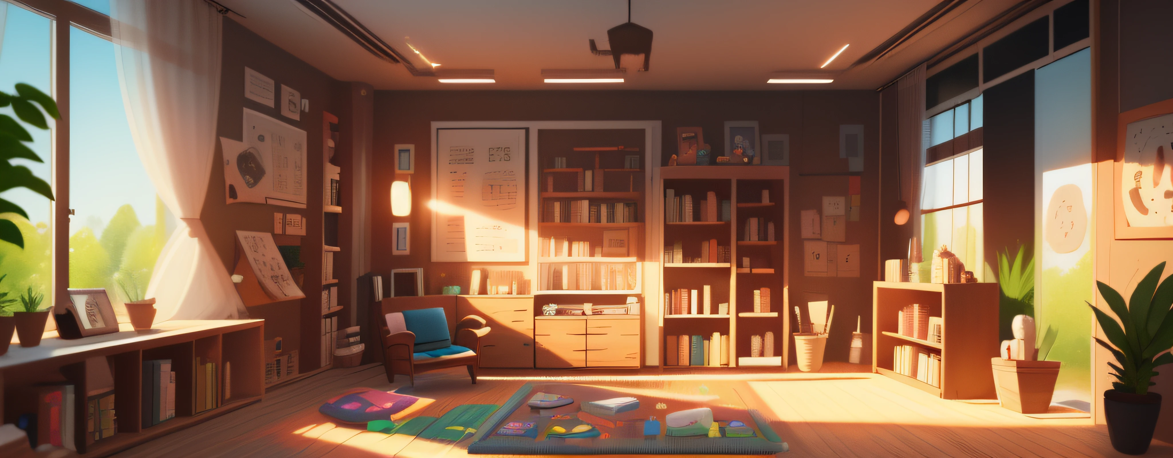 kindergarten, (extrame shadow quality), 4k details, a window, good shading, high quality, bookshelf, toy, from opposite