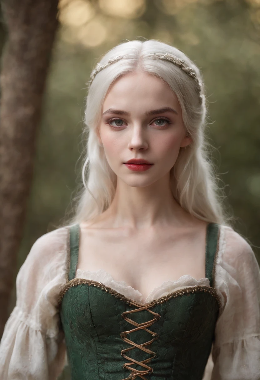 A deep red wound cut across her left cheek, with pale skin, a woman around 19 years old, natural white hair, unique green eyes, wearing a corset, slender and graceful figure, beautiful feet, candlelit in a medieval setting, ultra-detailed, realistic focus, medieval female clothing, four-color (scar:1.4).
