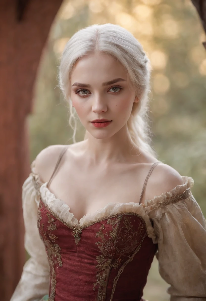 A deep red wound cut across her left cheek, with pale skin, a woman around 19 years old, natural white hair, unique green eyes, wearing a corset, slender and graceful figure, beautiful feet, candlelit in a medieval setting, ultra-detailed, realistic focus, medieval female clothing, four-color (scar:1.4).