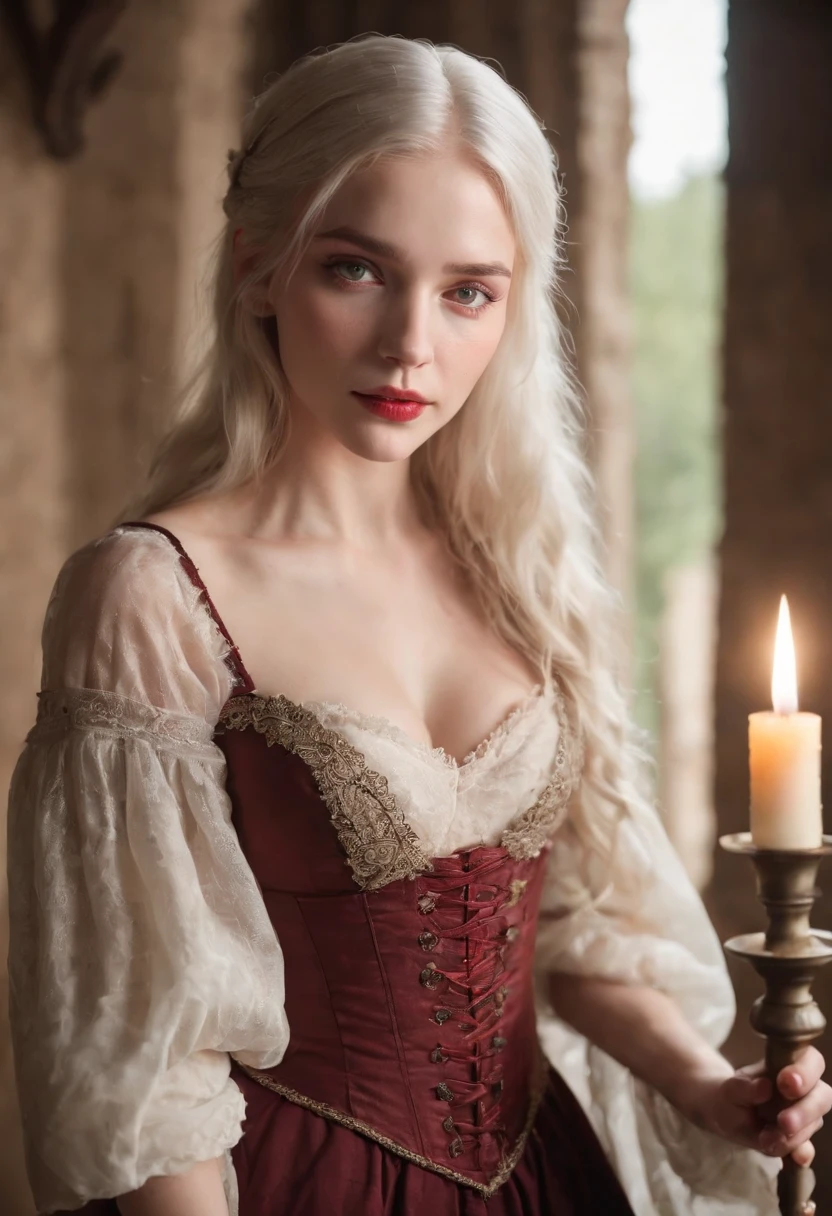 A deep red wound cut across her left cheek, with pale skin, a woman around 19 years old, natural white hair, unique green eyes, wearing a corset, slender and graceful figure, beautiful feet, candlelit in a medieval setting, ultra-detailed, realistic focus, medieval female clothing, four-color (scar:1.4).