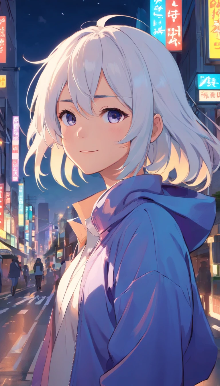 best qualtiy， tmasterpiece， 超高分辨率， realisticlying， 1 girl，（long  white hair），Heterochromic pupils，（ssmile）（Ride racing motorcycles），（bikersuit），The city at night，Neon street lights，wide angles