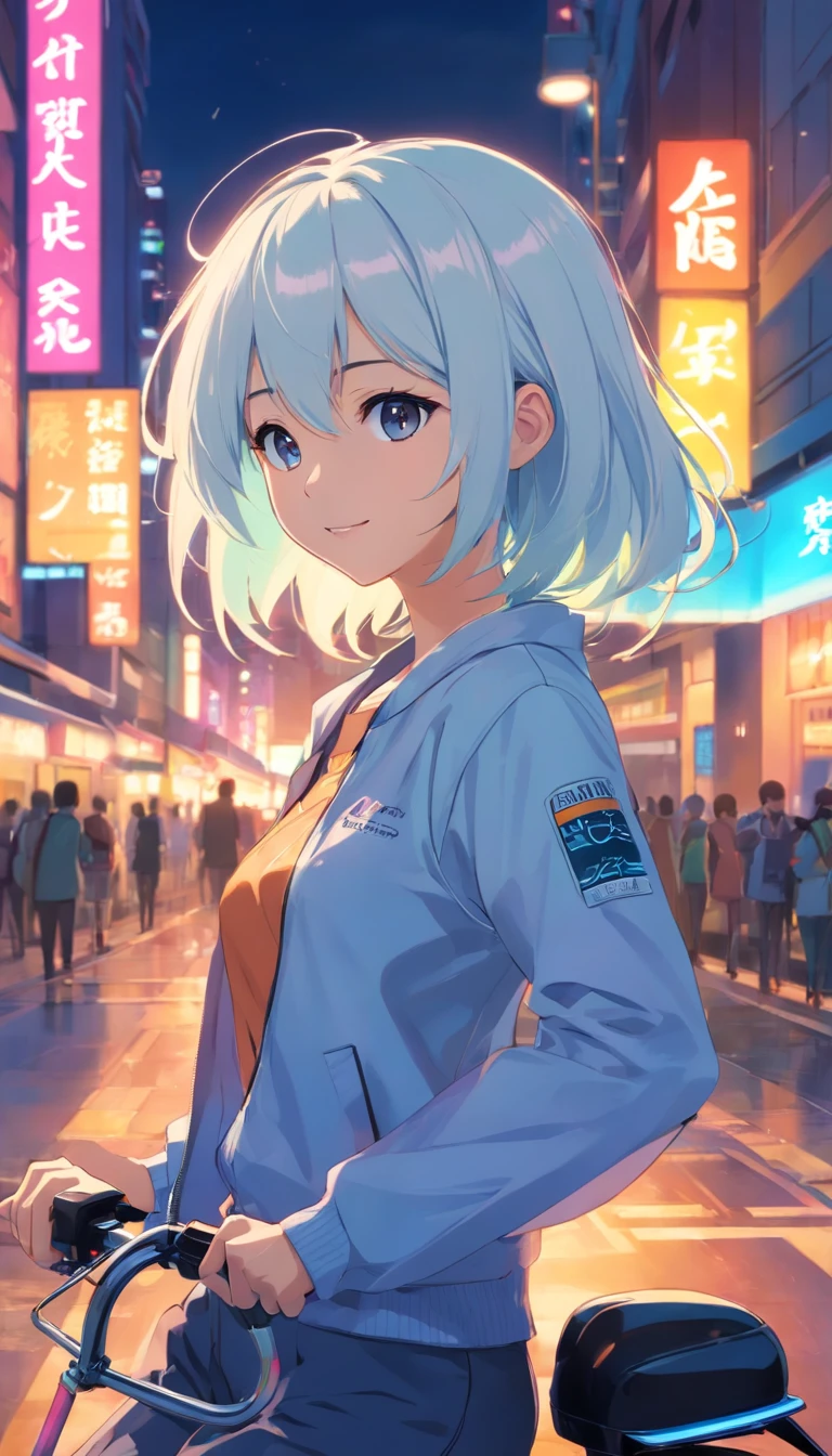best qualtiy, tmasterpiece, 超高分辨率, realisticlying, 1 girl,(long white hair),Heterochromic pupils,(ssmile)(Ride racing motorcycles),(bikersuit),The city at night,Neon street lights,wide angles