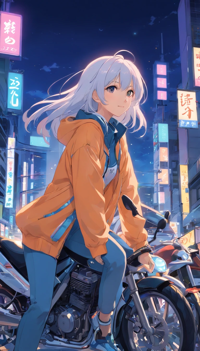 best qualtiy, tmasterpiece, 超高分辨率, realisticlying, 1 girl,(long white hair),Heterochromic pupils,(ssmile)(Ride racing motorcycles),(bikersuit),The city at night,Neon street lights,wide angles