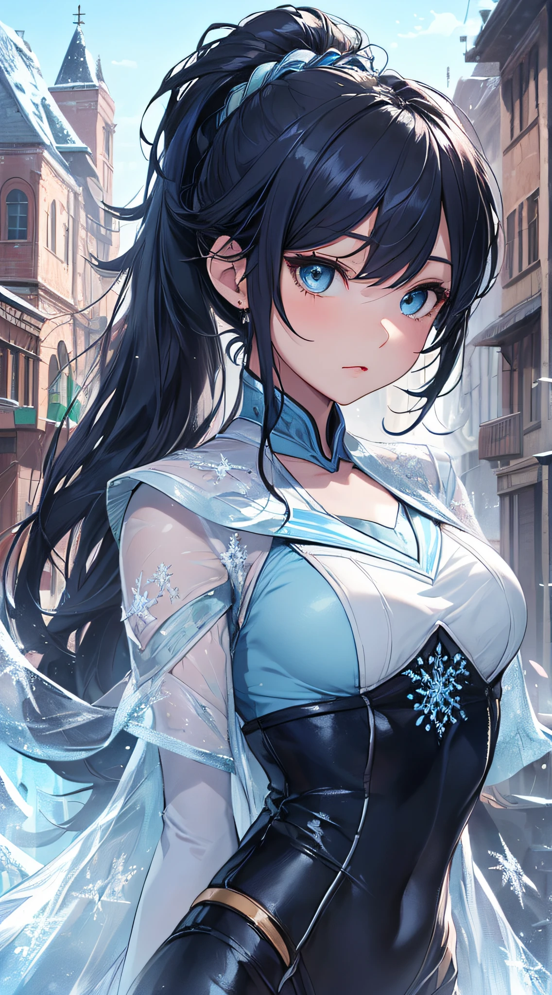 top-quality、Top image quality、masterpiece、girl with((cute little、18year old、Best Bust、Medium bust、Bust 85,Beautiful blue eyes、Breasts wide open,Ponytail with black hair、A slender、Blue hair mesh、Beautiful white sailor suit、falda corta,))hiquality、Beautiful Art、Background with((White blue sky、Frozen town、Frozen buildings、Freezing tower)),masutepiece、Elaborate design、visualart、depth of fields、The best lighting、highestdetailed、8k