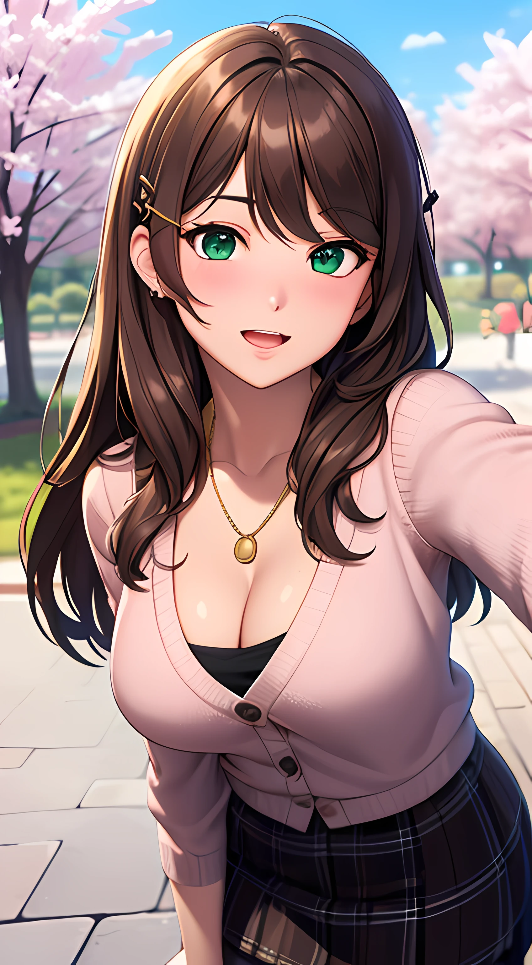 ((masterpiece, best quality, highres, UHD, perfect pixel, depth of field, 4k, RTX, HDR))), 1girl, single, solo, beautiful anime girl, beautiful artstyle, anime character, ((long hair, bangs, brown hair, hair pin)), (green eyes:1.4, rounded eyes, beautiful eyelashes, realistic eyes), (detailed face, blushing:1.2), (smooth texture:0.75, realistic texture:0.65, photorealistic:1.1, anime CG style), medium breasts, cleavage:0.4, (selfie, pov, close up, looking to viewer), perfect body, (white sweater, cardigan sweater, gold necklace), ((black skirt:1.5, plaid skirt)), sly smile, open mouth, amusement park, outdoor, cherry blossoms