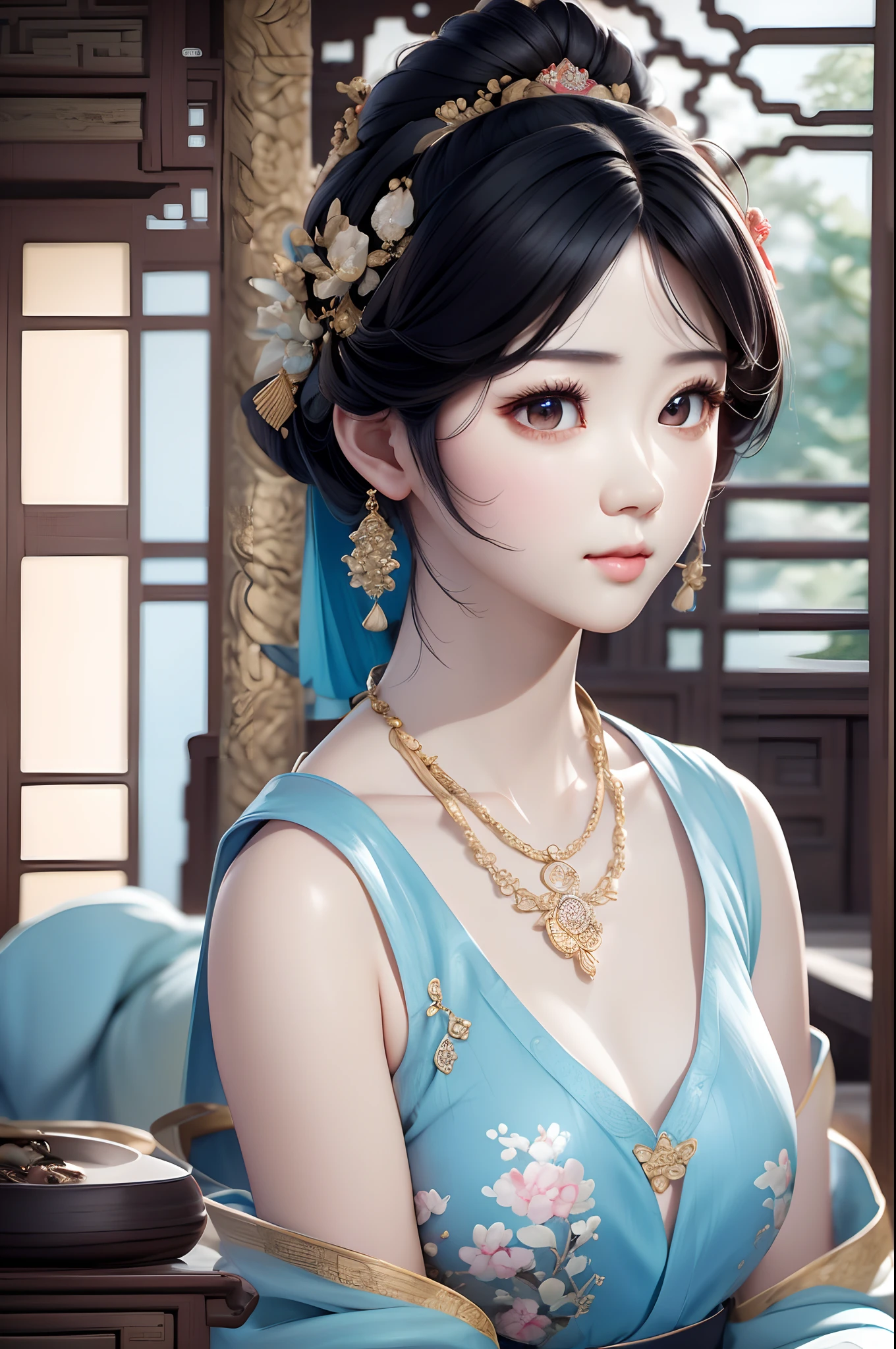 Close-up of a woman wearing a light blue slip dress necklace, Chinese style, Chinese girl, Beautiful character painting, Guviz-style artwork, Palace ， A girl in Hanfu, Beautiful rendering of the Tang Dynasty, Realistic anime 3 D style, trending on cgstation, 8K high quality detailed art, Princesa chinesa antiga, Chinese woman, Guviz