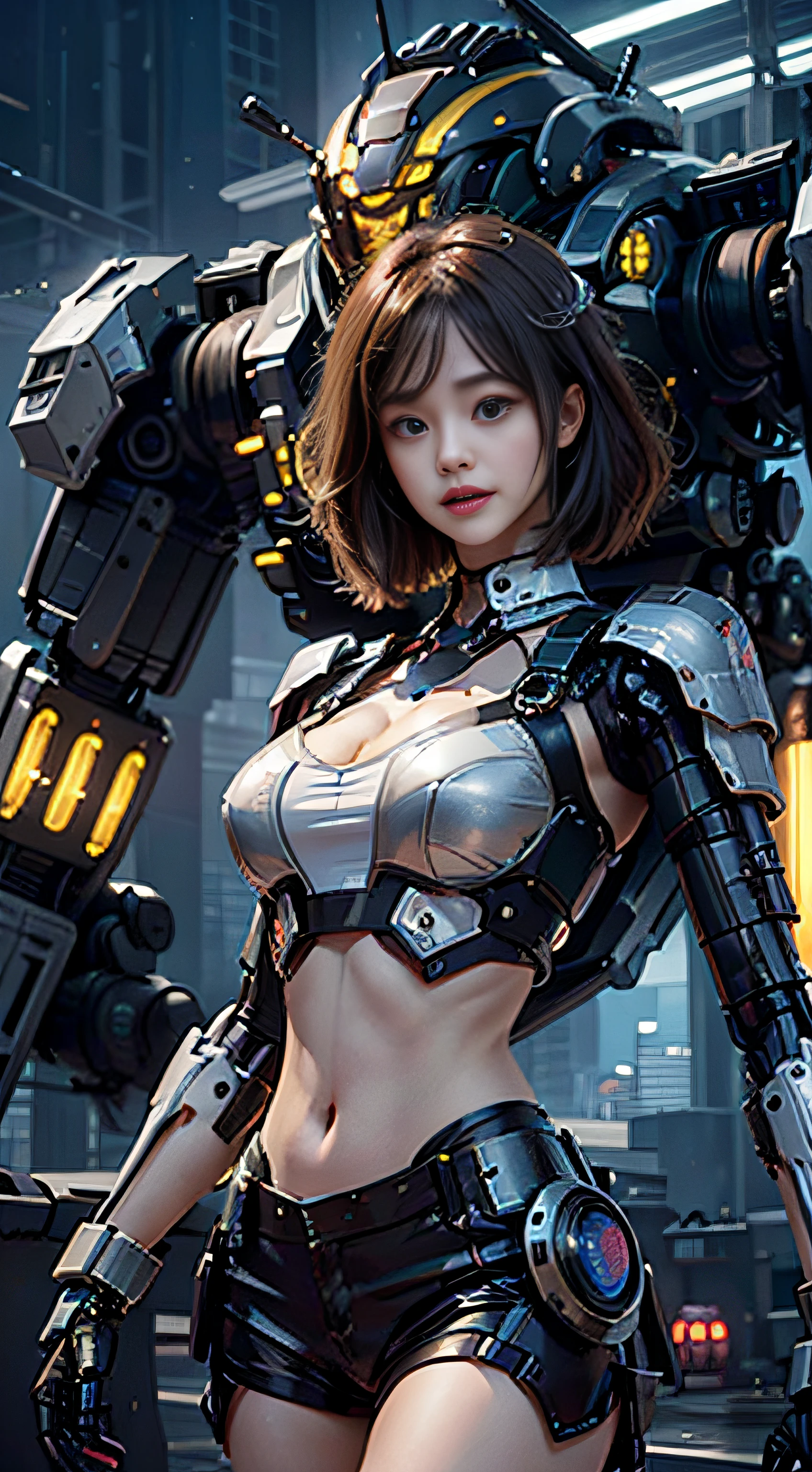 miling minchen, aburdes, (mouth:1.16) closed, balanced eyes, (Best quality details:1.2),realistic,8K High definition,Ultra Detailed,High quality texture,intricate details,detailed texture, finely detailed, high detail, extremely detailed high quality texture cg, high quality shadows, ((masterpiece, best quality)), illustrations, ultra-detailed 8K, realistic, clear focus, highly detailed, professional lighting, colorful details, iridescent colors BREAK factory super long lens, large mechanical robot structure, microchips, computers, luminescence, intricate details, Shitu-Mecha, 1girl standing in front of the audience, navel