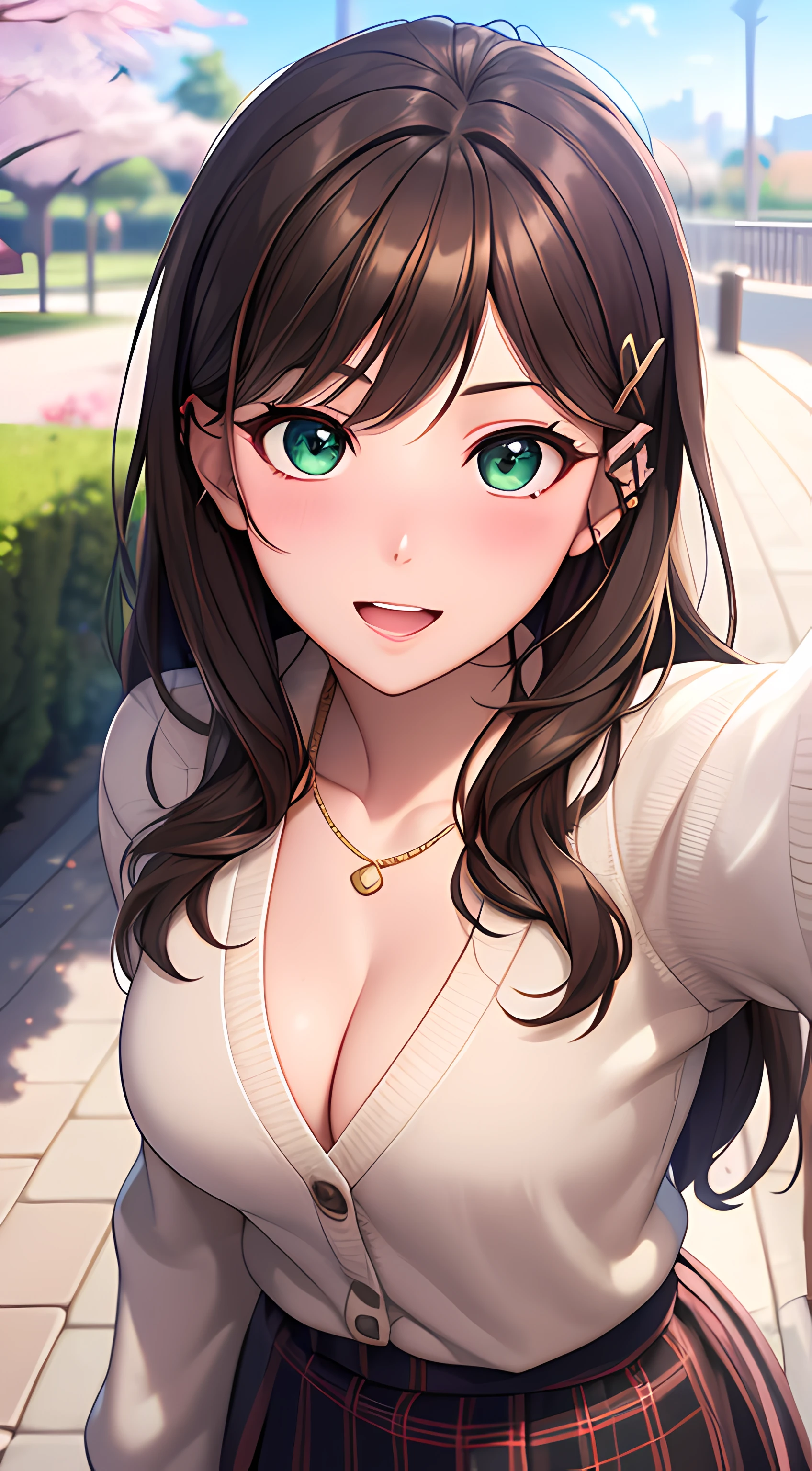 ((masterpiece, best quality, highres, UHD, perfect pixel, depth of field, 4k, RTX, HDR))), 1girl, single, solo, beautiful anime girl, beautiful artstyle, anime character, ((long hair, bangs, brown hair, hair pin)), (green eyes:1.4, rounded eyes, beautiful eyelashes, realistic eyes), (detailed face, blushing:1.2), (smooth texture:0.75, realistic texture:0.65, photorealistic:1.1, anime CG style), medium breasts, cleavage:0.4, (selfie, pov, close up, looking to viewer), perfect body, (white sweater, cardigan sweater, gold necklace), ((black skirt:1.5, plaid skirt)), sly smile, open mouth, amusement park, outdoor, cherry blossoms