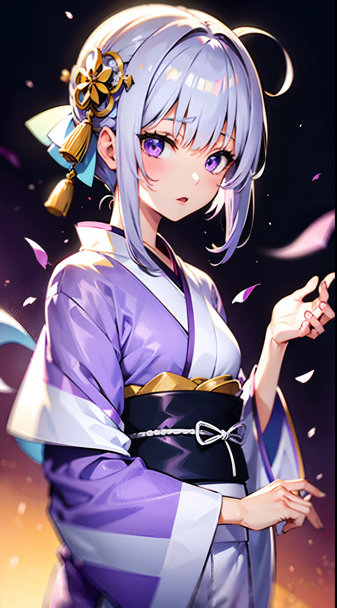 White and purple gradient hair、1 girl in、kimono
