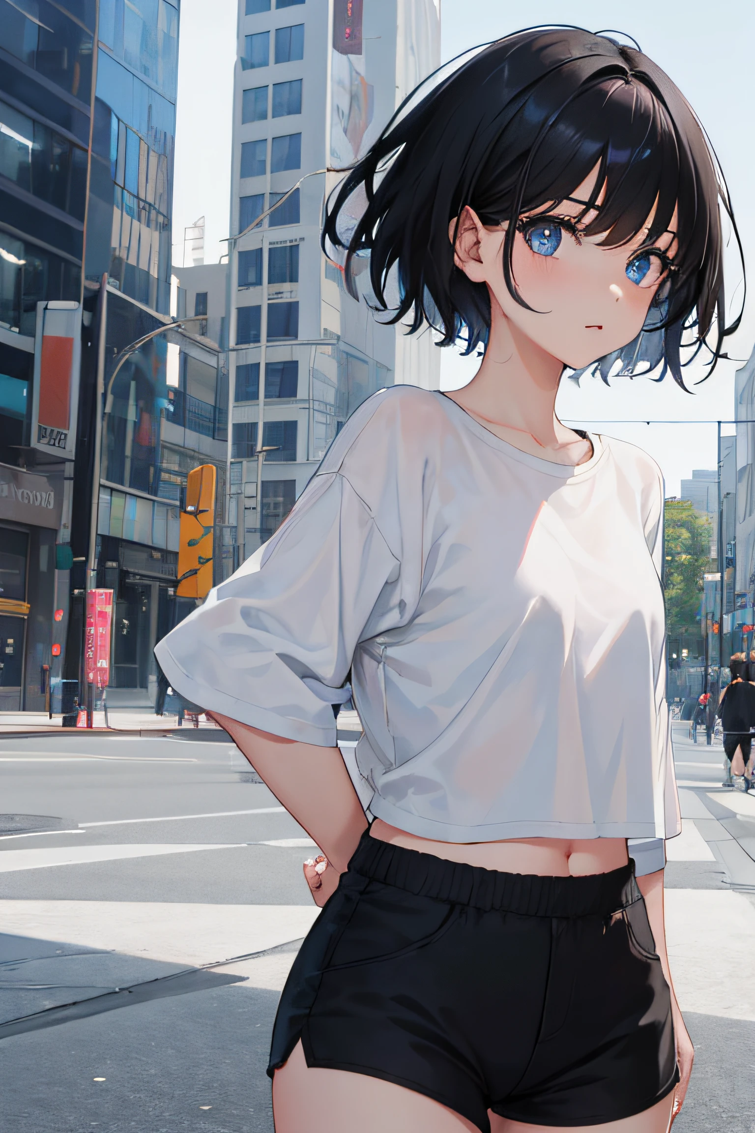 1girl, short black hair, blue eyes, wearing plain white shirt, black shorts, city, absurdres, high res, ultrasharp, 8K, masterpiece, looking at viewer