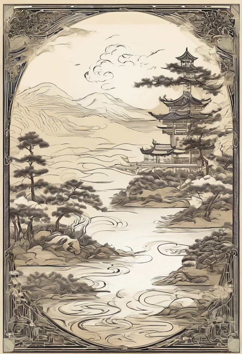 Chinese landscape,Ancient rhyme Jiangnan,Yamakawa,pines,Leave white space,، simple,themoon,Artistic sense,white colors