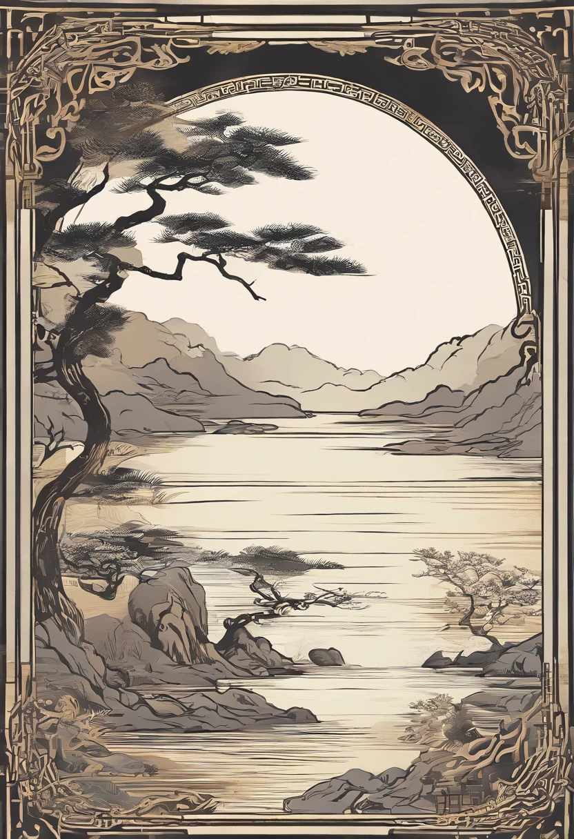 Chinese landscape,Ancient rhyme Jiangnan,Yamakawa,pines,Leave white space,، simple,themoon,Artistic sense,white colors