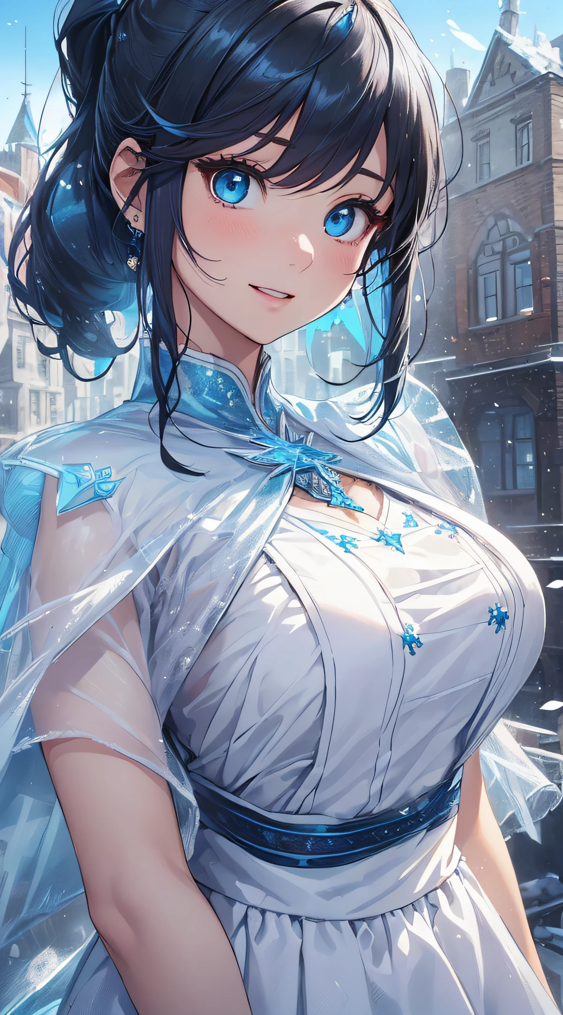 top-quality、Top image quality、masterpiece、girl with((cute little、18year old、Best Bust、Medium bust、Bust 85,Beautiful blue eyes、Breasts wide open,Ponytail with black hair、A slender、Blue hair mesh、White sailor suit、falda corta,laugh))hiquality、Beautiful Art、Background with((White blue sky、Frozen town、Frozen buildings、Freezing tower)),masutepiece、Elaborate design、visualart、depth of fields、The best lighting、highestdetailed、8k