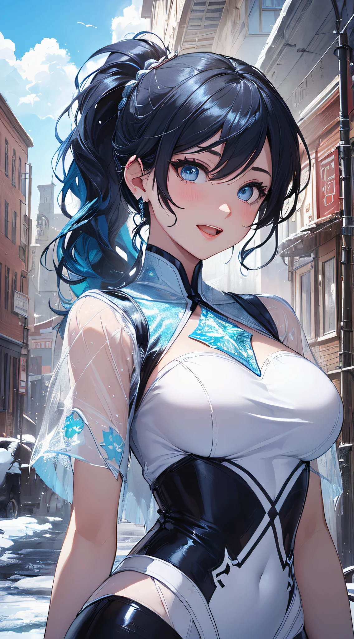 top-quality、Top image quality、​masterpiece、girl with((cute little、18year old、Best Bust、Medium bust、Bust 85,Beautiful blue eyes、Breasts wide open,Ponytail with black hair、A slender、Blue hair mesh、White sailor suit、falda corta,laugh)）hiquality、Beautiful Art、Background with((White blue sky、Frozen town、Frozen buildings、Freezing tower)),masutepiece、Elaborate design、visualart、depth of fields、The best lighting、highestdetailed、8ｋ
