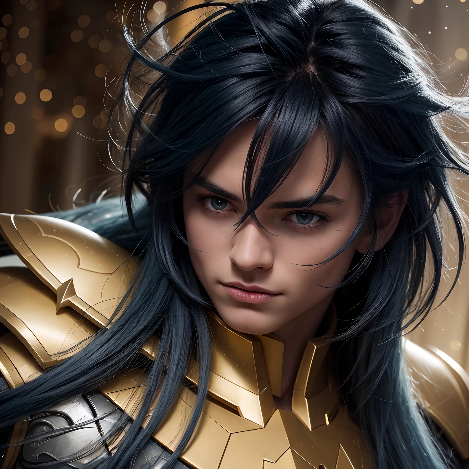 cinemactic, incrivelmente detalhado e ultrarrealista, Camus of Aquarrius Saint Seiya. Close up. He's wearing pretty realistic golden armor. Armadura dourada brilhante. Bright golden armor. Armadura com brilho natural. Octane is the perfect tool to capture the softest details of this 16k photography masterpiece. He is a handsome white man about ((40 years)) old. 1 homen. ((French man)). beautiful face. Rosto detalhado. Nariz bonito. Nariz fino e alongado. (Olhos azuis muito grandes). olhos perfeitos. ((depilado)). Strong expression. He has long (light blue) hair. messy hair with bangs. messy hair. Pelas de rosas flutuando em torno ele. Landscape starry sky.