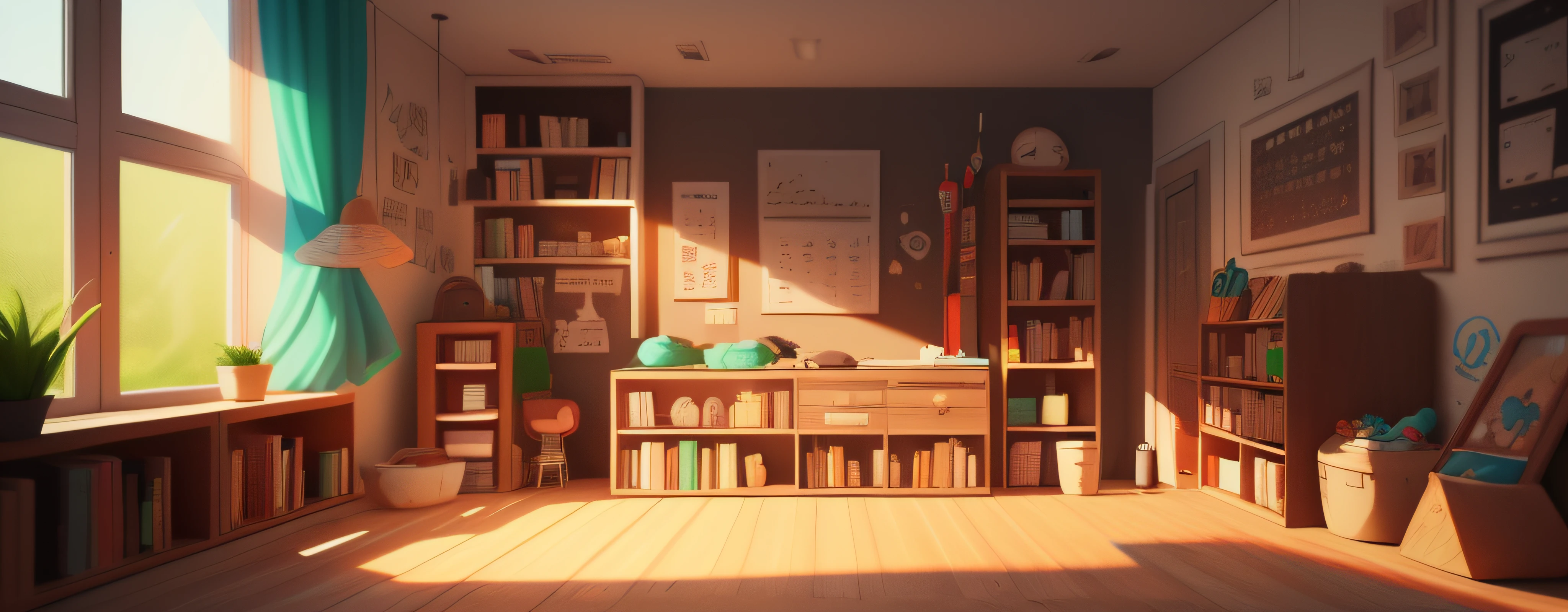 , (extrame shadow quality), 4k details, a window, good shading, high quality, bookshelf, toy, from opposite