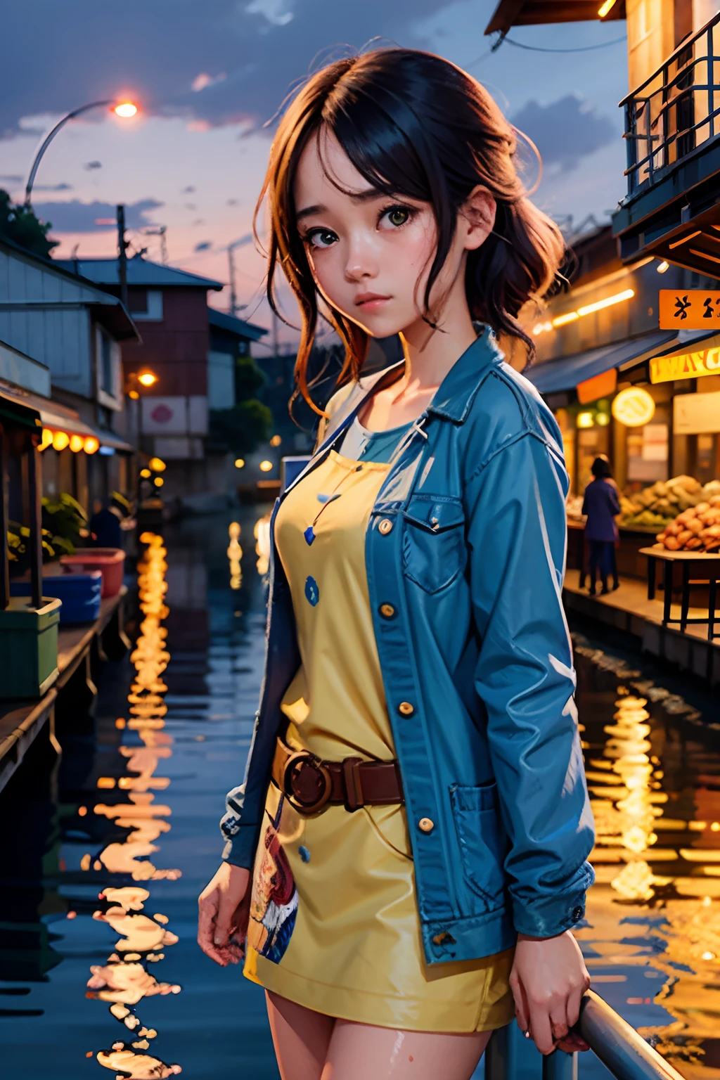 1girl, Post-Impressionism, anime key visual, landscape of a Wet Stupid Fish market and biophilic Tanzanian Bridge, at Twilight, Sketch, hair light, hearthstone artwork, cinematic, unreal engine