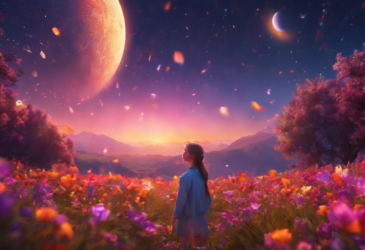 expansive landscape photography, (a bottom view showing the sky above and open country below), a girl standing in a field of flowers looking up, (full moon: 1.2), (shooting stars: 0.9), (nebula : 1.3), distant mountain, BREAK tree production art, (warm light source: 1.2), (Firefly: 1.2), lamp, lots of purple and orange, intricate details, volumetric lighting, BREAK realism (masterpiece: 1.2) , (best quality), 4k, ultra-detailed, (dynamic compositing: 1.4), highly detailed, colorful details, (iridescent colors: 1.2), (bright lighting, atmospheric lighting), dreamy, magical, (solo: 1.2)
