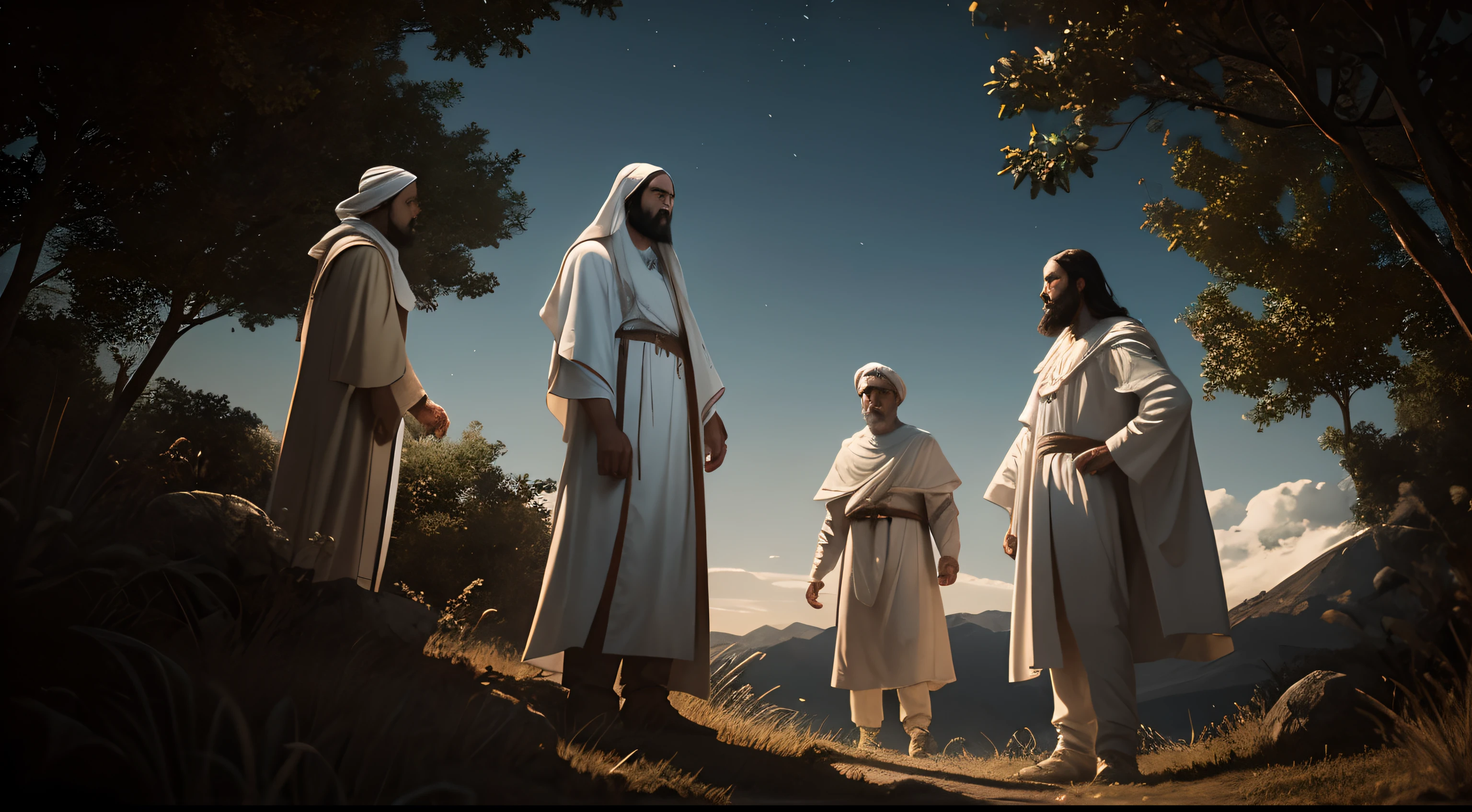 Retrato de Jesus com rosto brilhante, bright white clothes talking to Elijah and Moses on a hill at night, 8k, HDR, Cinematic dramatic light